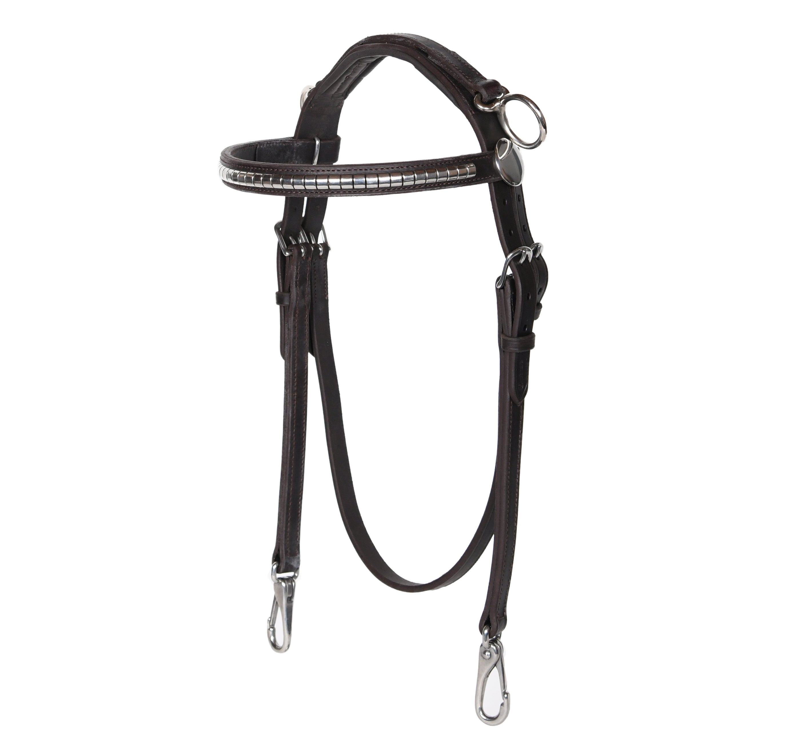 Brown leather padded side check snap bridle with rings, snaps, and a metal browband, isolated on a white background.