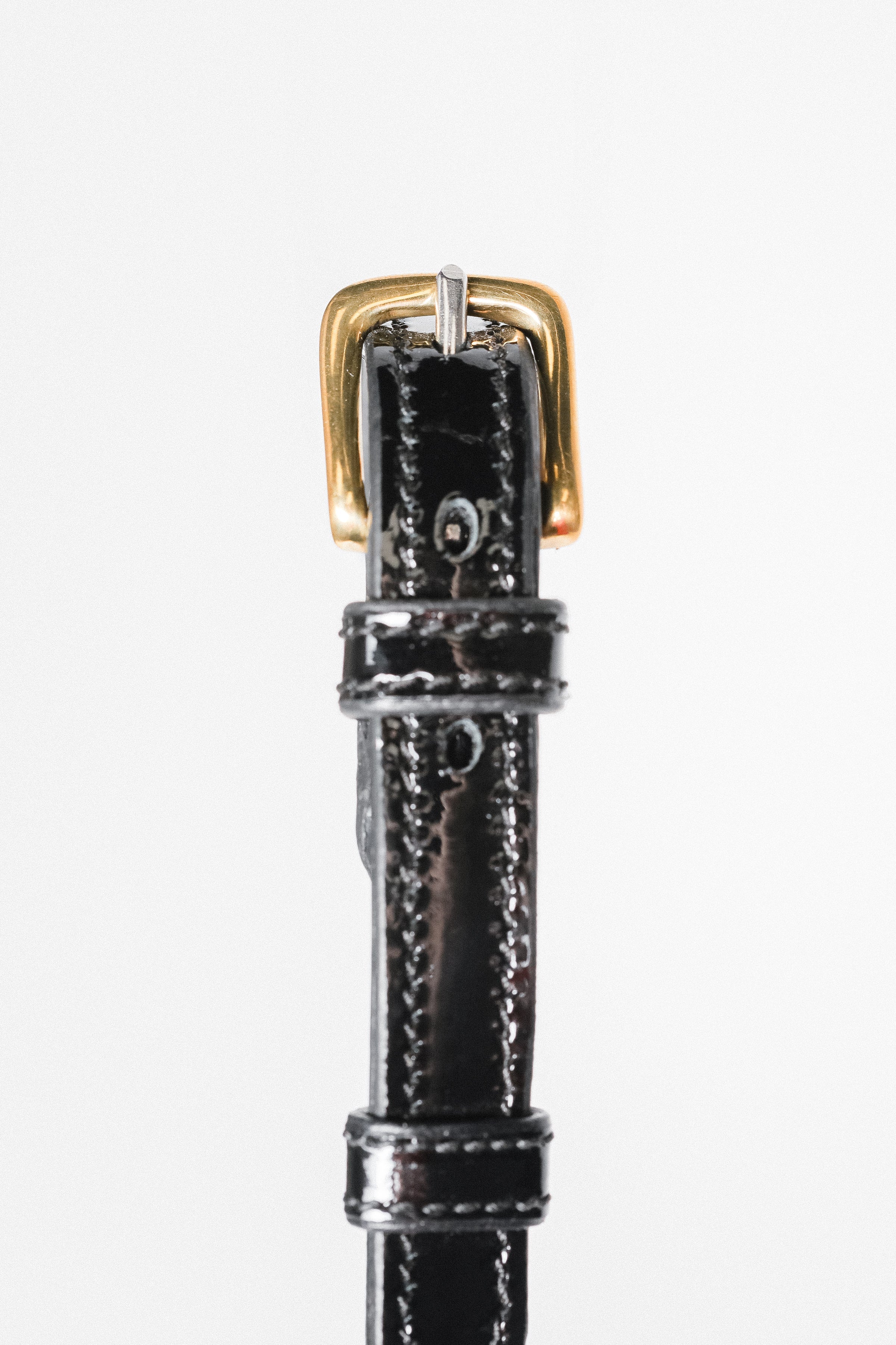 Zoomed-in view of the buckle and strap detail on an Arabian Show Cable Halter. - Side view.