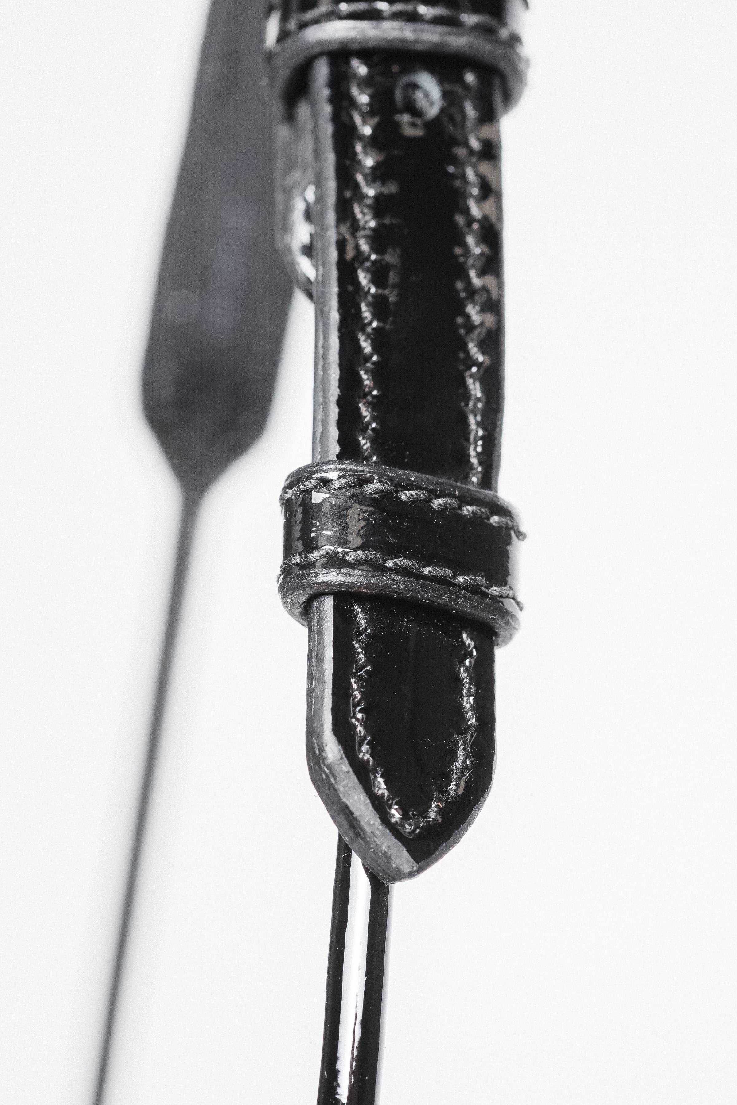 Zoomed-in view of the buckle and strap detail on an Arabian Show Cable Halter. - Side top view.