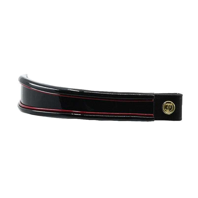Black and red insert patent leather browband, wide tapered design, turned edge, side view showing leather end and button detail.