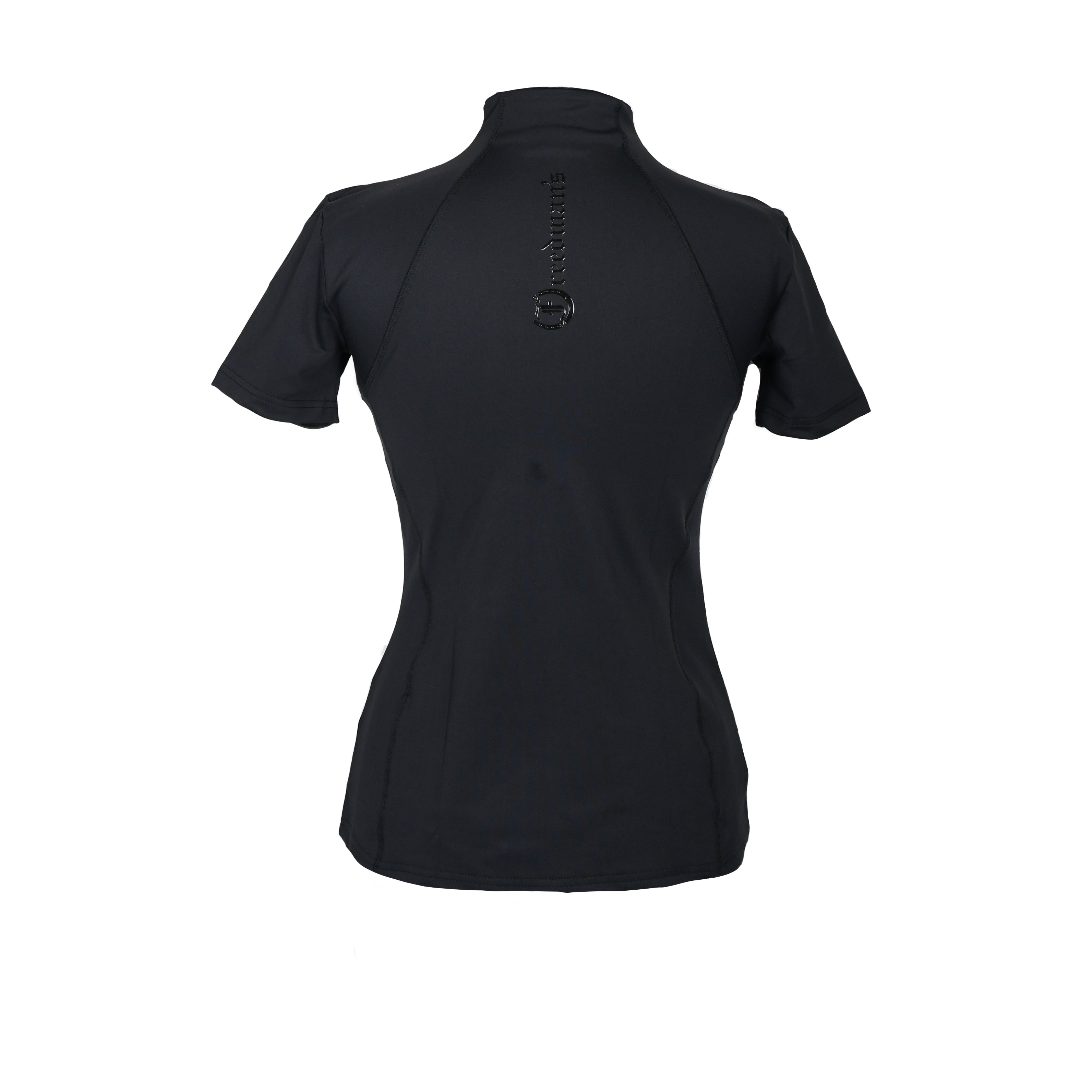 Freedman's Tess Ladies' 1/4 Zip Short Sleeve Top, black, back view, form-fitting, short sleeves, 1/4 zip with black zipper, small logo detail on back, white background.