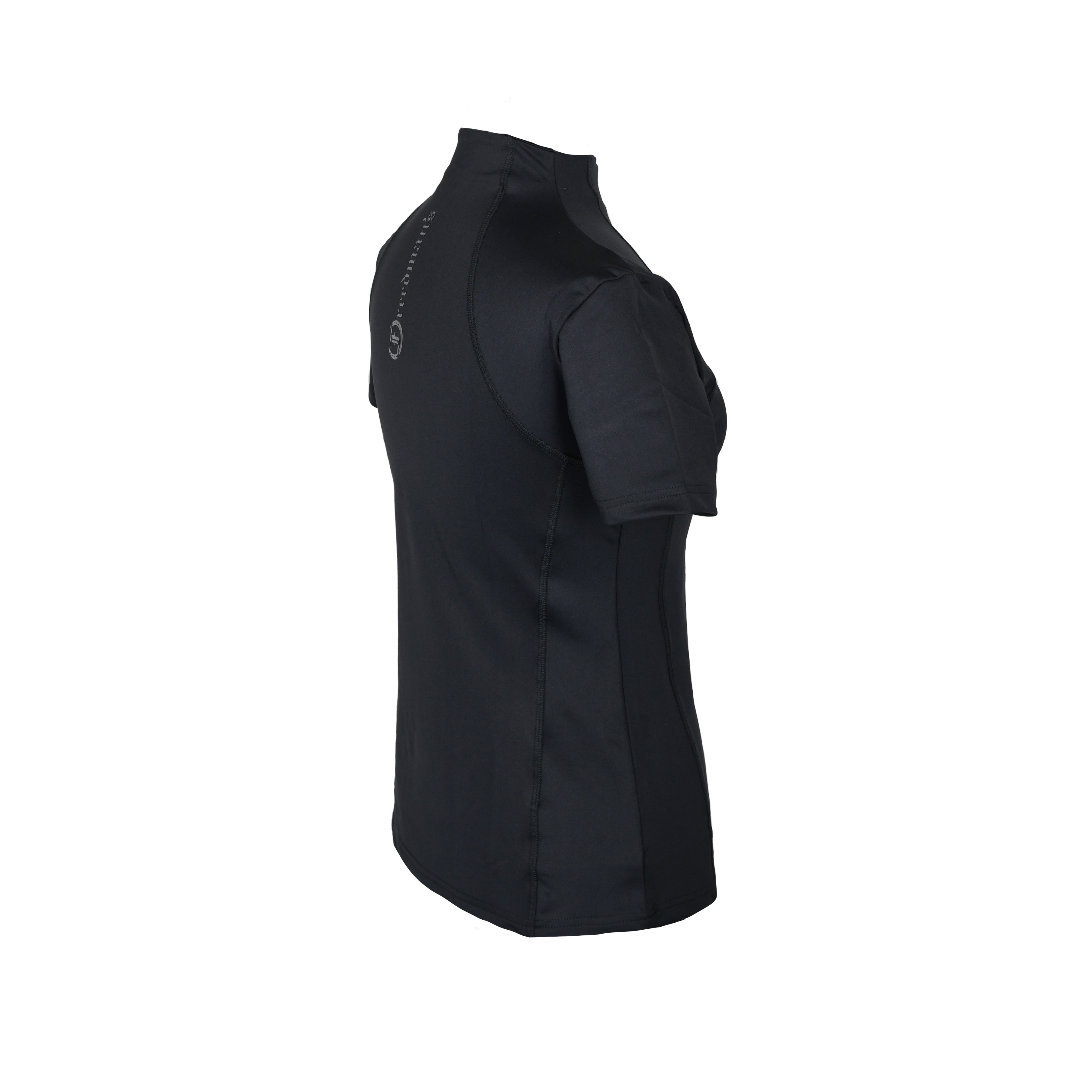 Freedman's Tess Ladies' 1/4 Zip Short Sleeve Top, black, back angled view, form-fitting, short sleeves, 1/4 zip with black zipper, small logo detail on back, white background.