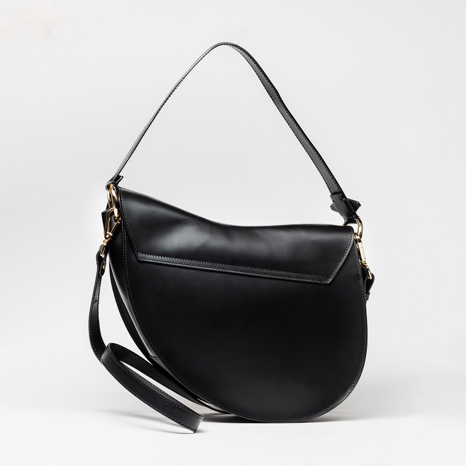 Back view of the Burghley Shoulder Bag in black leather on a white background.