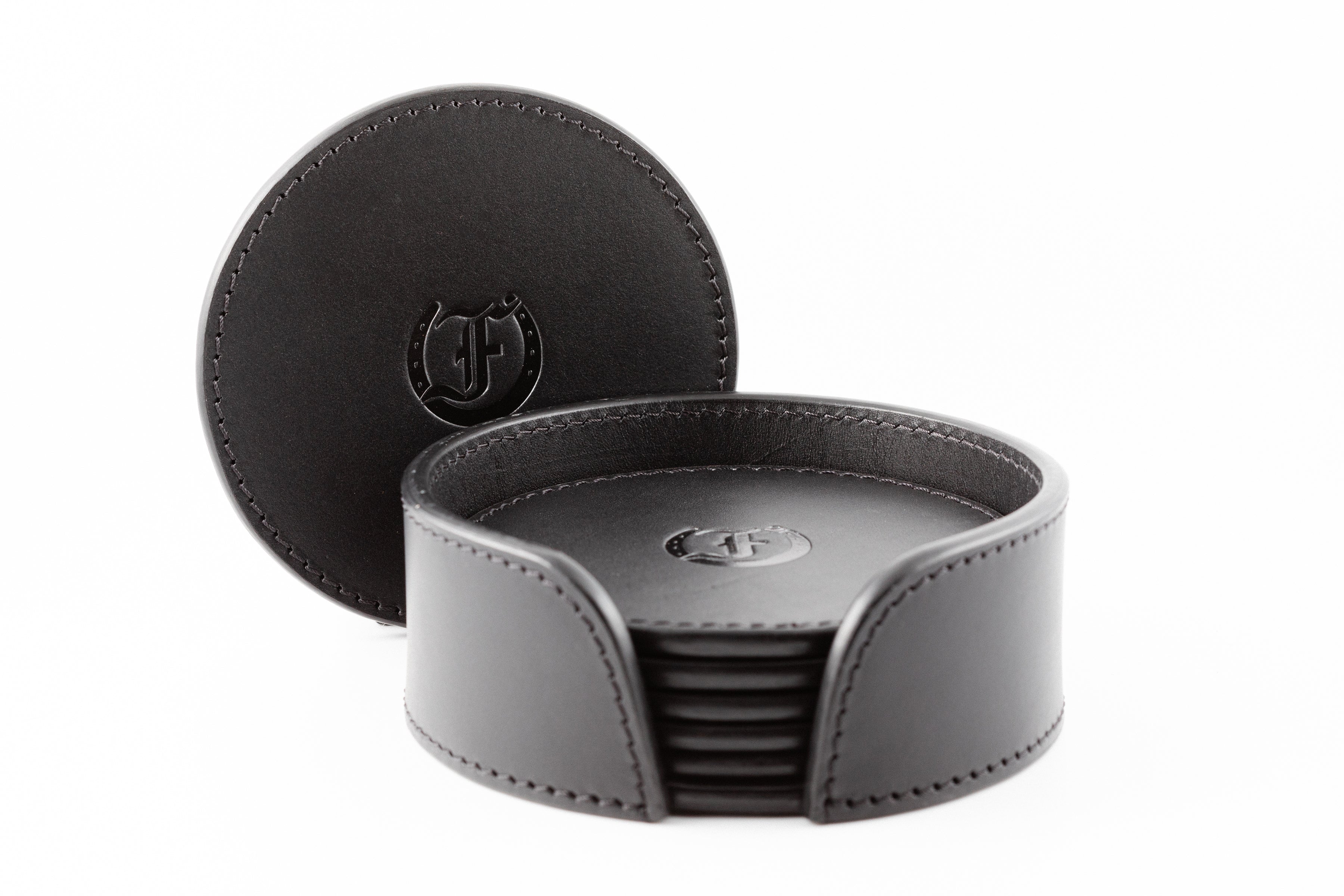 Set of Black Leather Coasters in Holder by Freedman's, Each Coaster Features the Distinctive Freedman’s Monogram