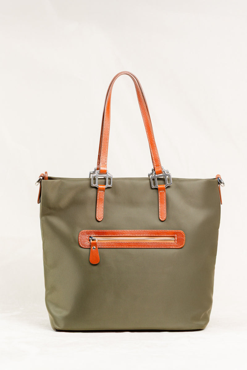 Conestoga Tote by Freedman's, full view of the olive green tote bag showing the back zippered pocket with brown leather trim, brown leather handles attached with silver hardware.