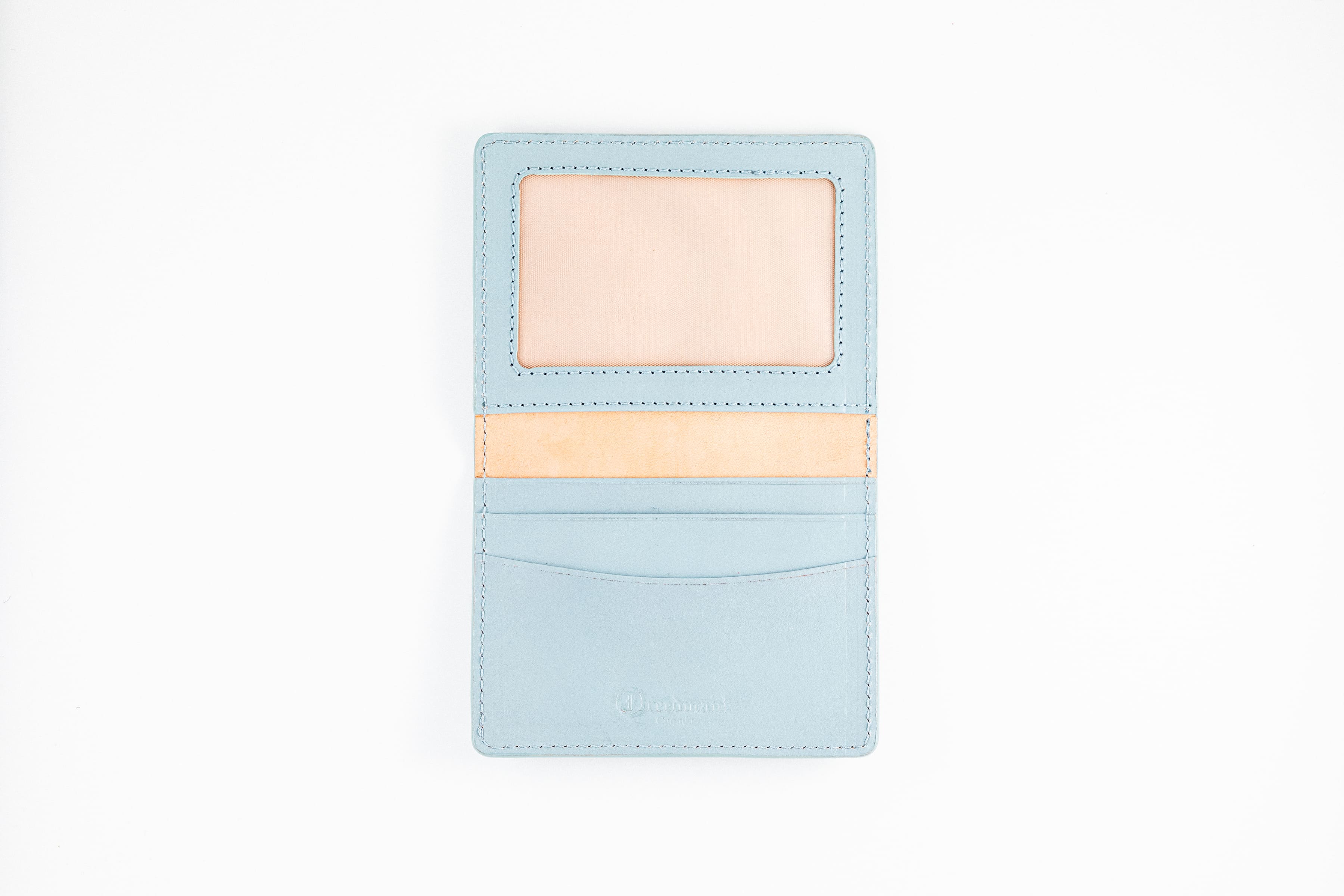 Freedman's Credit Card Holder: Black Leather Wallet, Open View Showing Card Slots and ID Window - Ice Blue