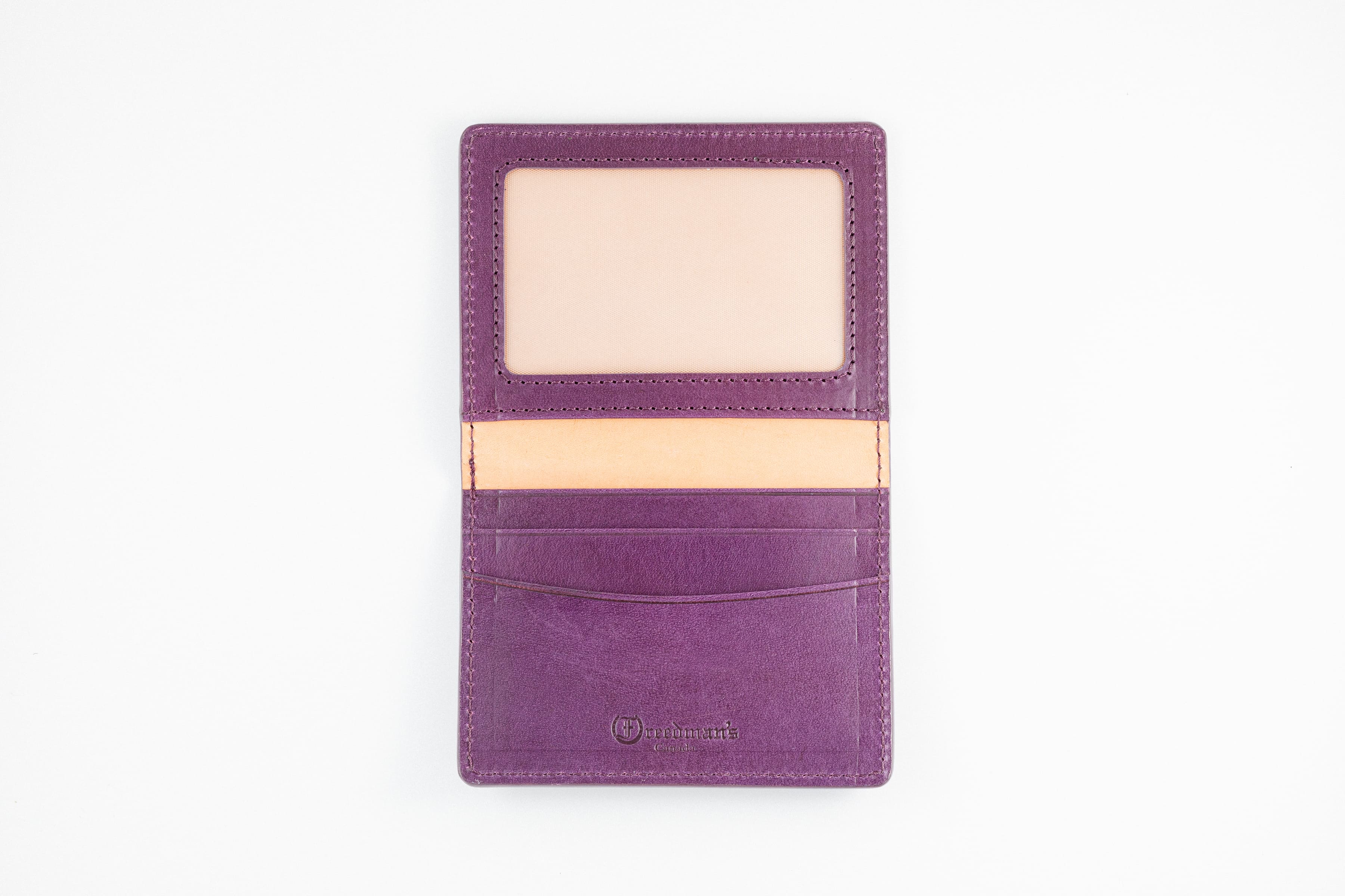 Freedman's Credit Card Holder: Black Leather Wallet, Open View Showing Card Slots and ID Window - Purple
