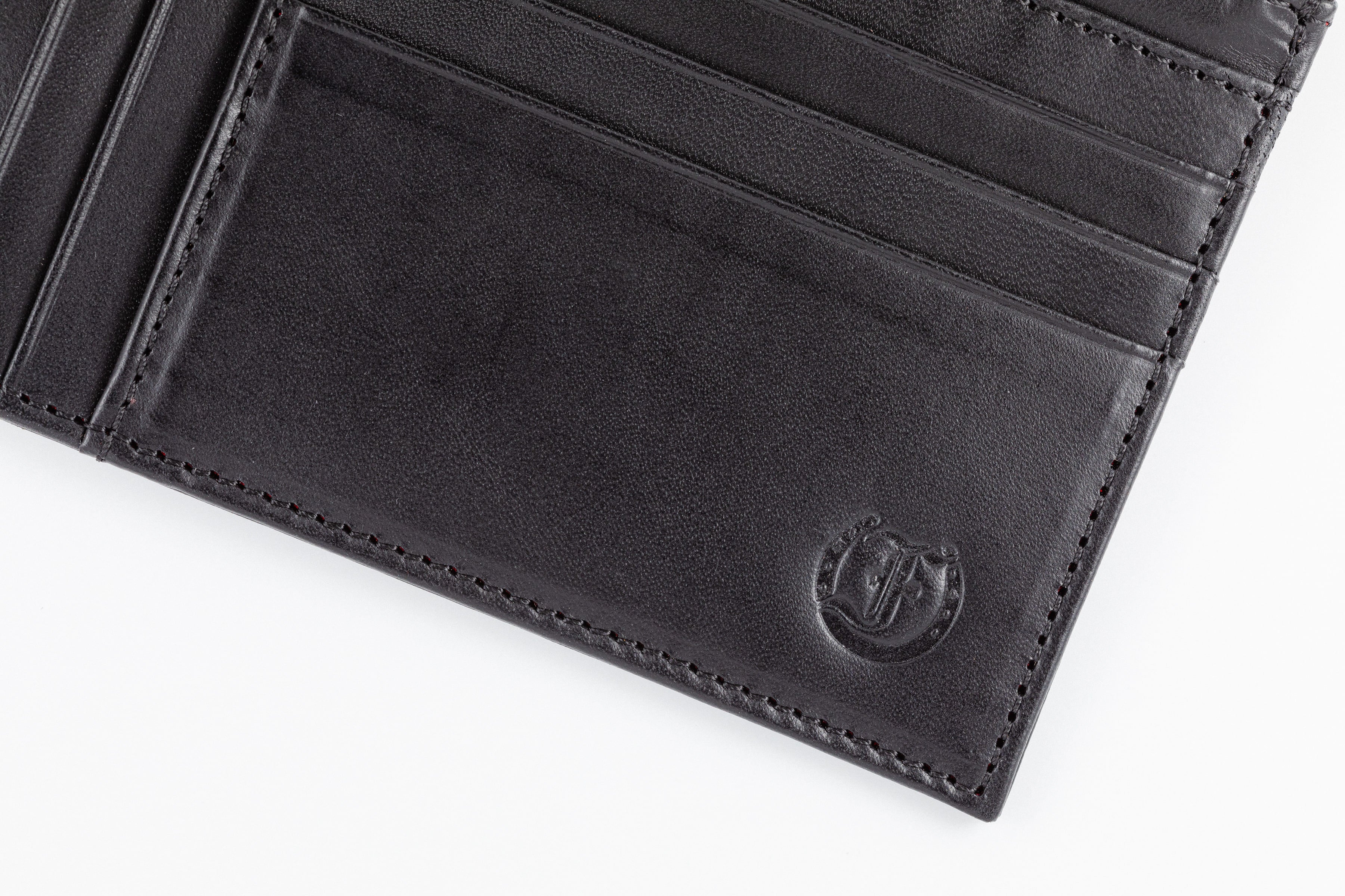 Freedman's Zip Top Wallet: Close-up of Interior Card Slots and Embossed Logo Detail