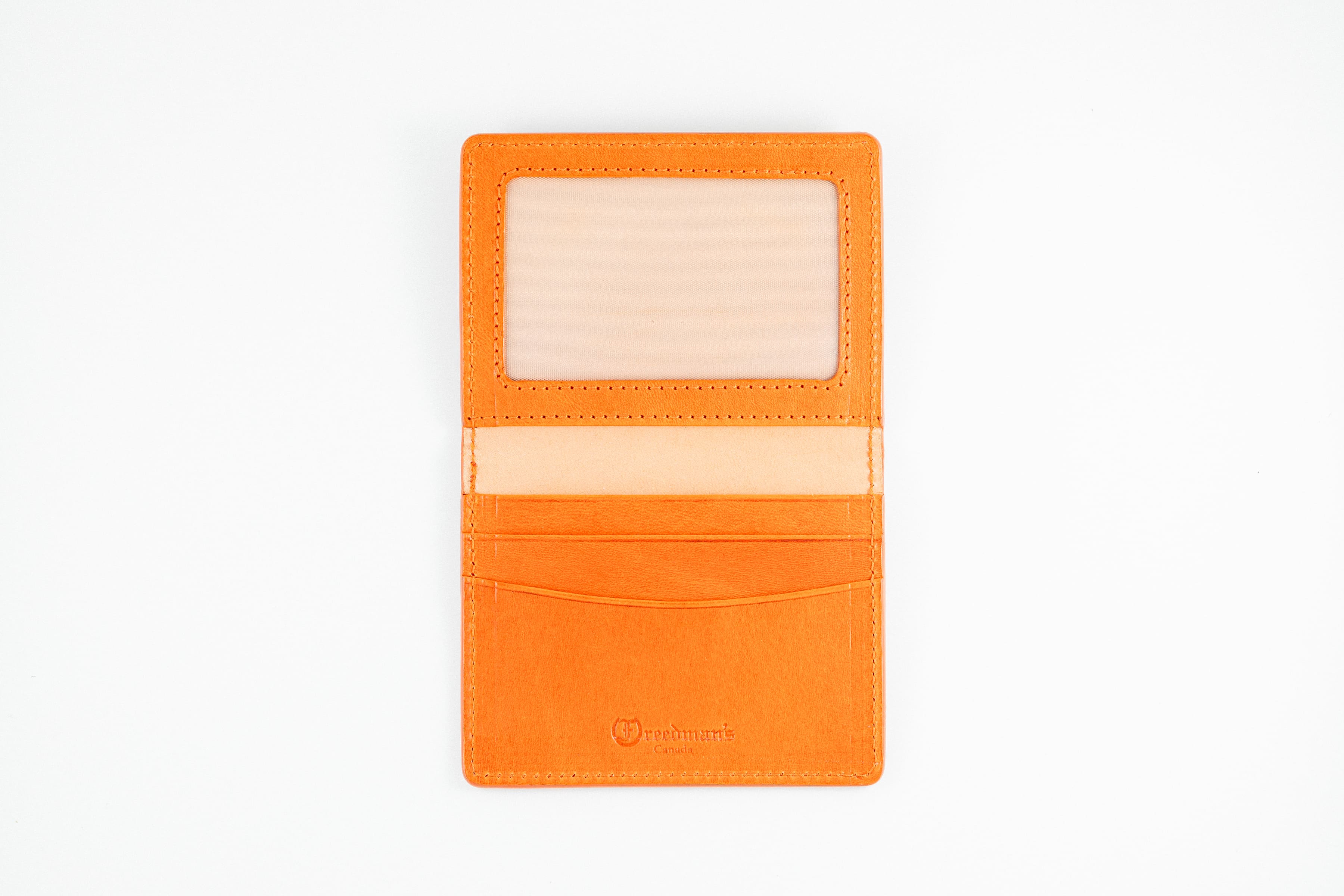 Freedman's Credit Card Holder: Black Leather Wallet, Open View Showing Card Slots and ID Window - Orange