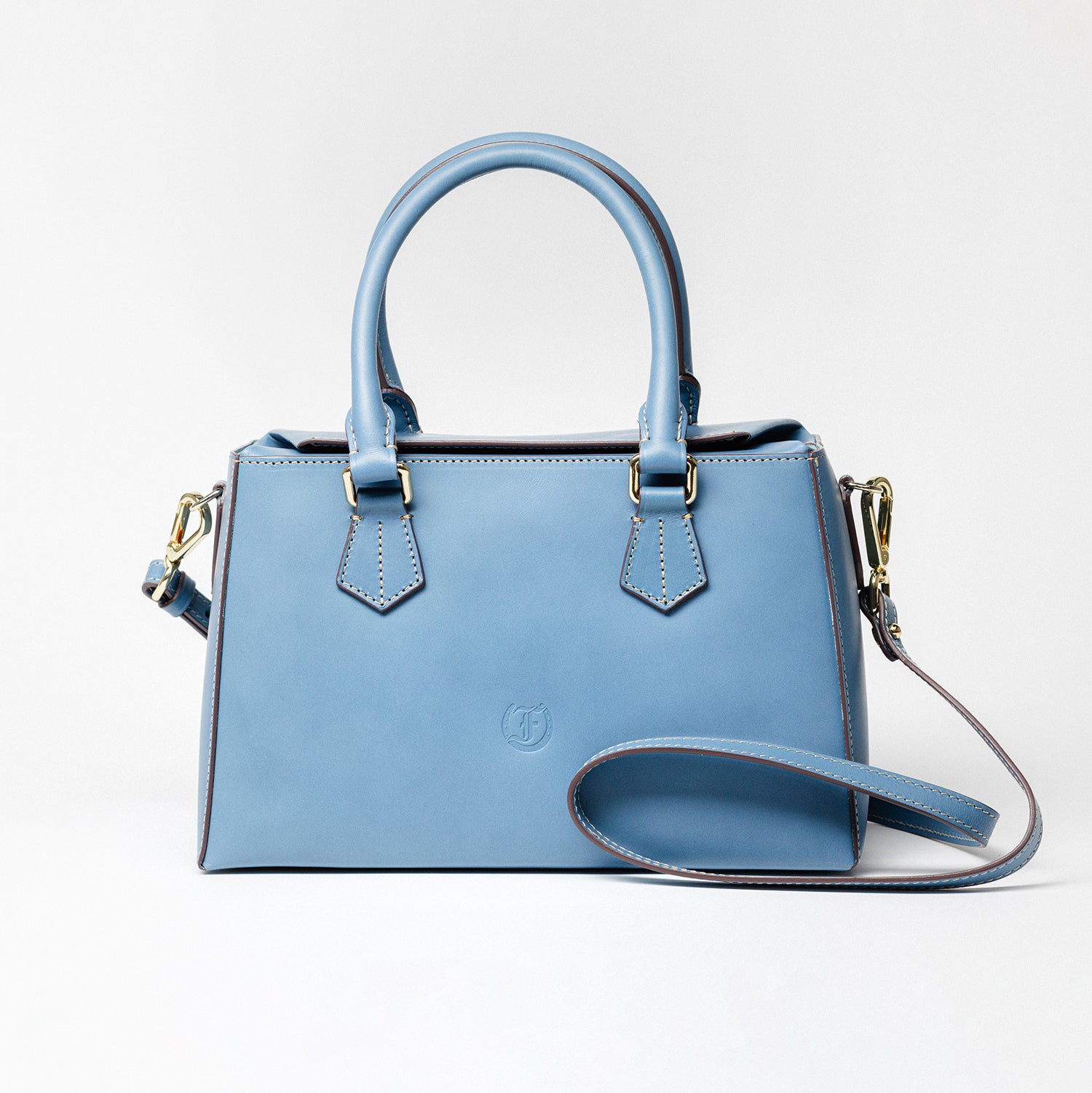 Freedman's Dormeuse Bag: Blue Leather Handbag with Top Handle and Gold Hardware