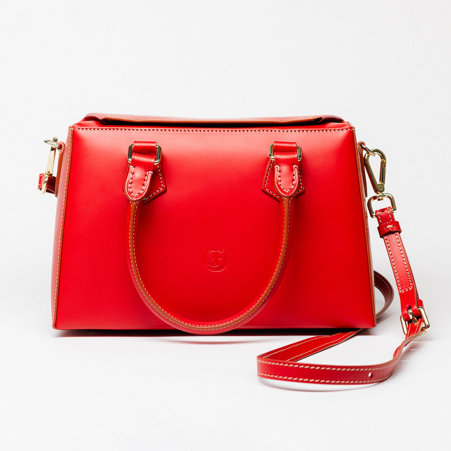 Freedman's Dormeuse Bag: Red Leather Handbag with Top Handle and Gold Hardware