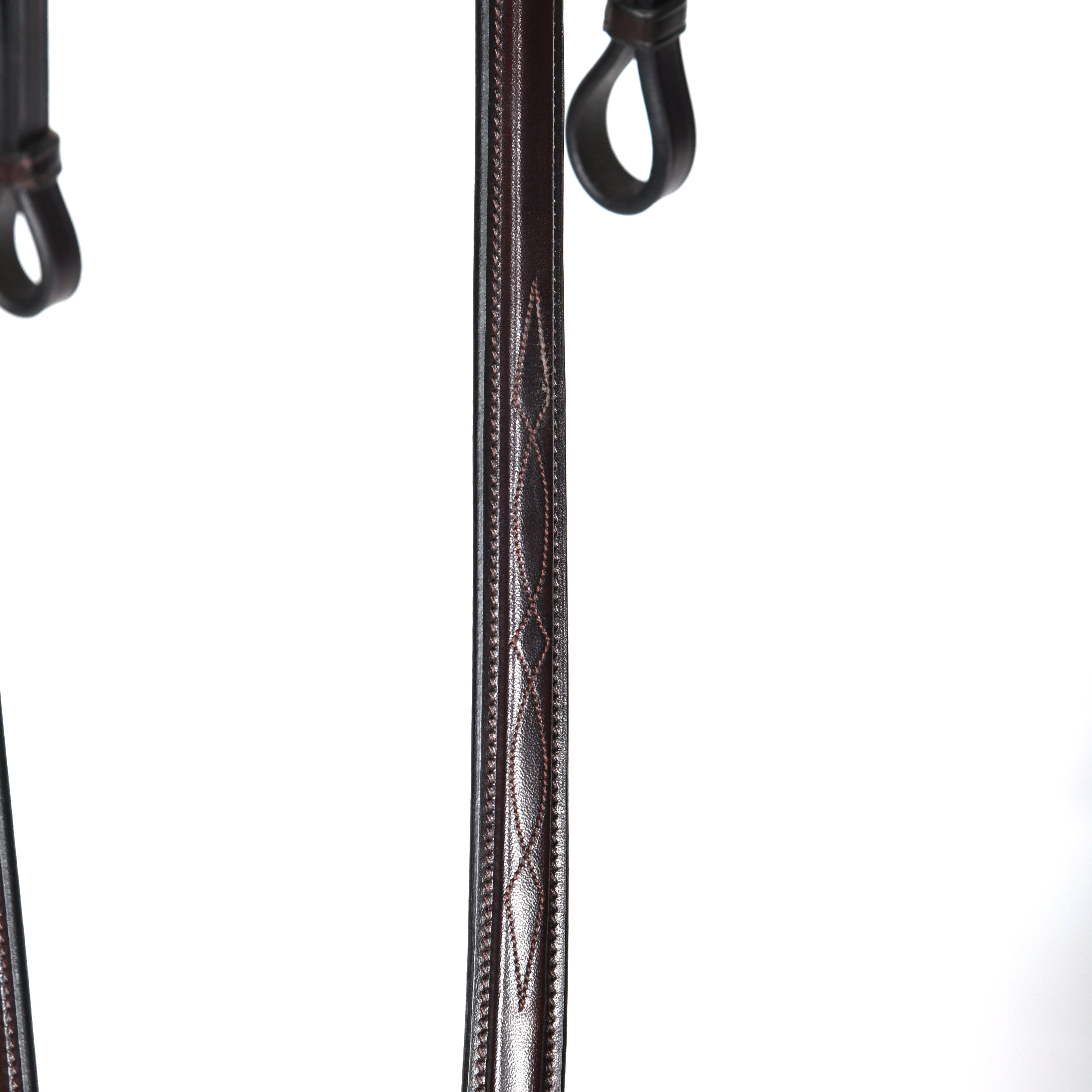 Close-up of brown leather Square Fancy Stitched Hunter Breast Plate by Freedman's showing detailed stitching and leather loops, on a white background.