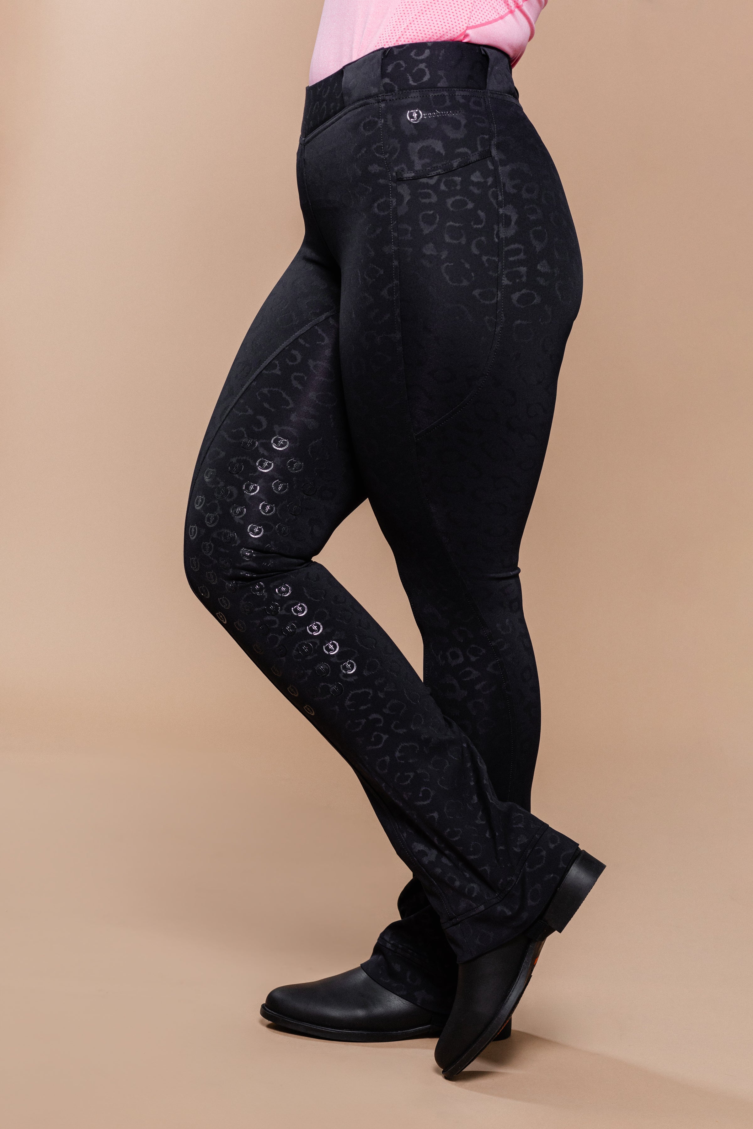 Stylish Tous les Jours Jods - Black Cheetah  by Freedman's – sleek, comfortable, and perfect for equestrian fashion.