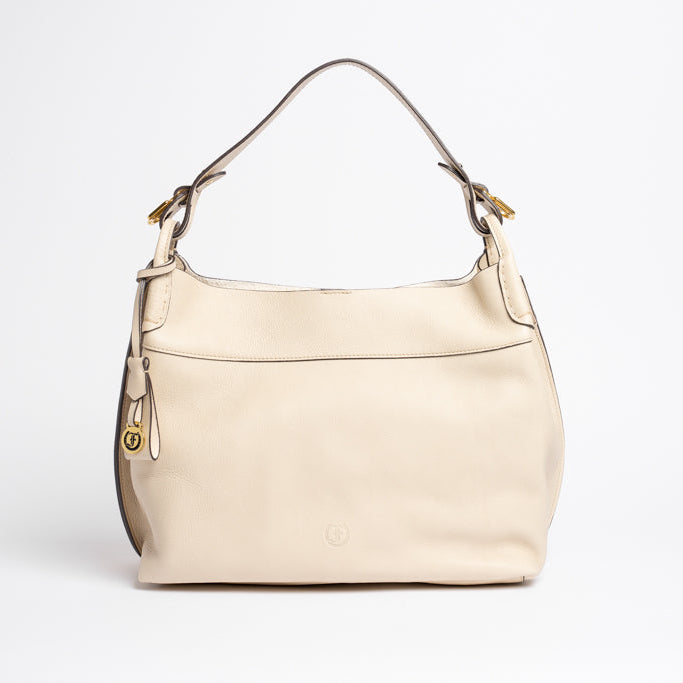 Wetherby Tote by Freedman Harness – putty leather shoulder bag with minimalist design, gold accents, and top handle