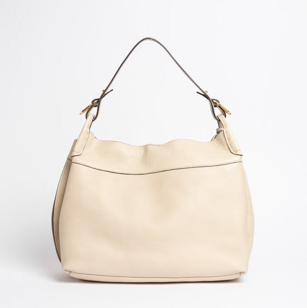 Back view of Wetherby Tote by Freedman Harness – putty leather shoulder bag with curved top edge, single strap, and soft structured silhouette