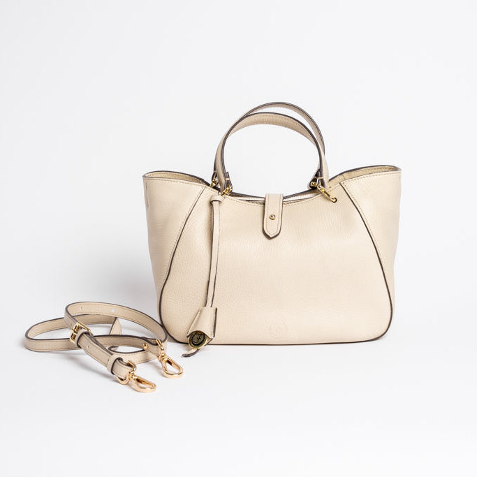 Midi Cabriolet Bag by Freedman Harness – elegant putty leather handbag with gold hardware and detachable shoulder strap