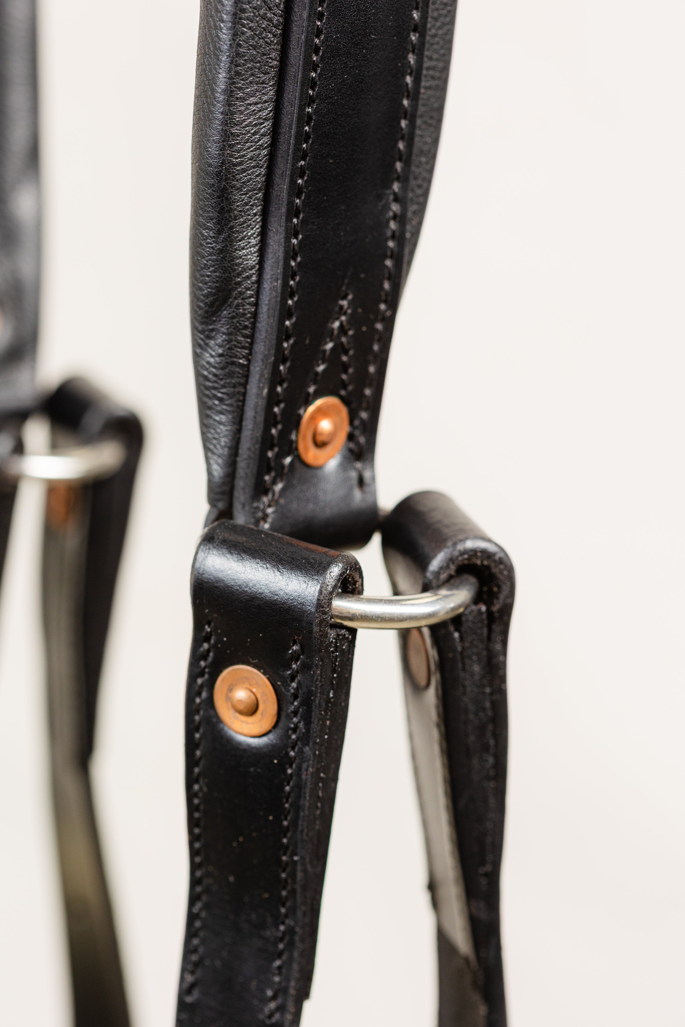 Close-up of Copper Rivet and Silver Metal Ring on Freedman Tail Set complete, Black Leather Detail