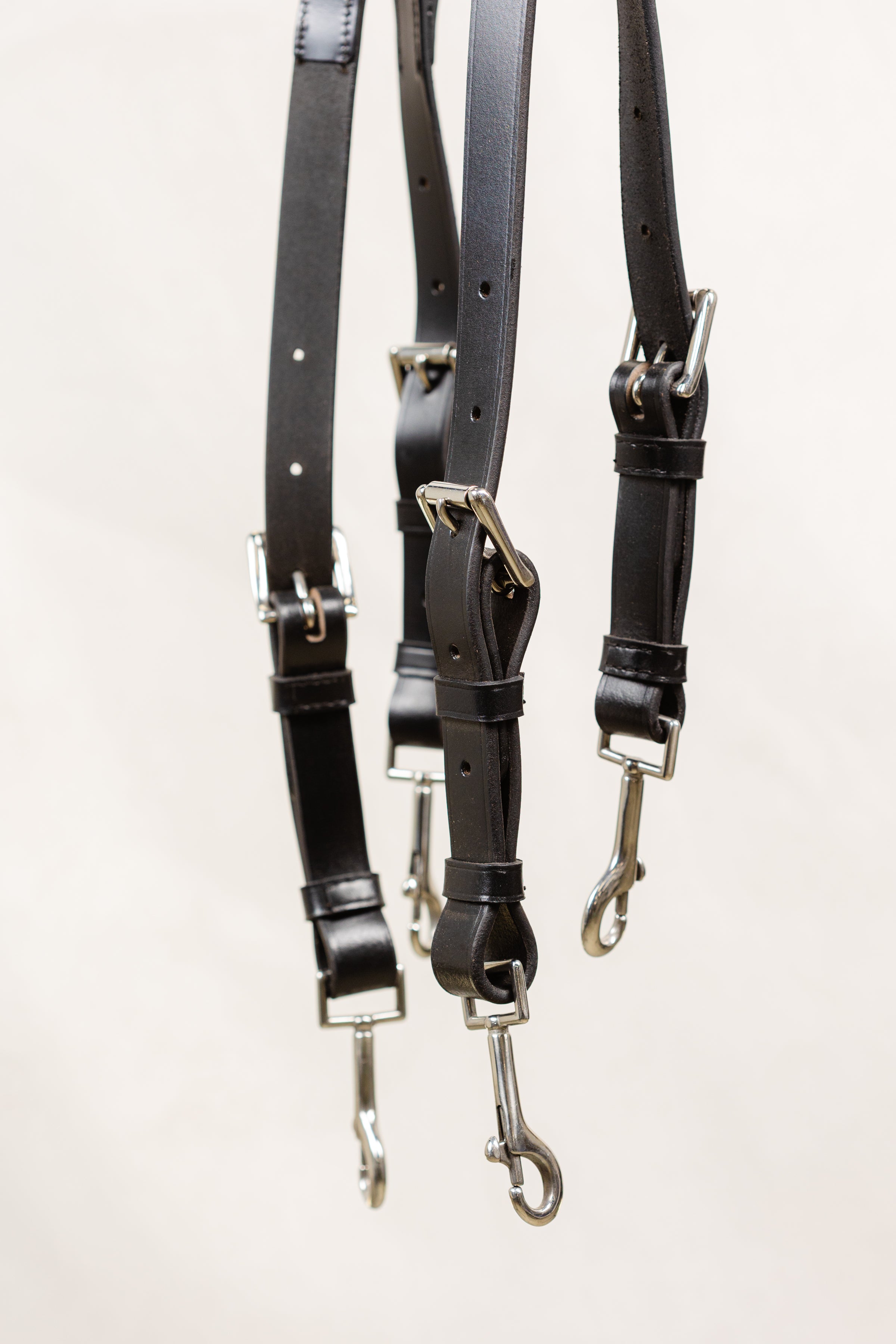 Close-up of Silver Buckles and Snap Closures on Freedman Tail Set complete, Black Leather Detail