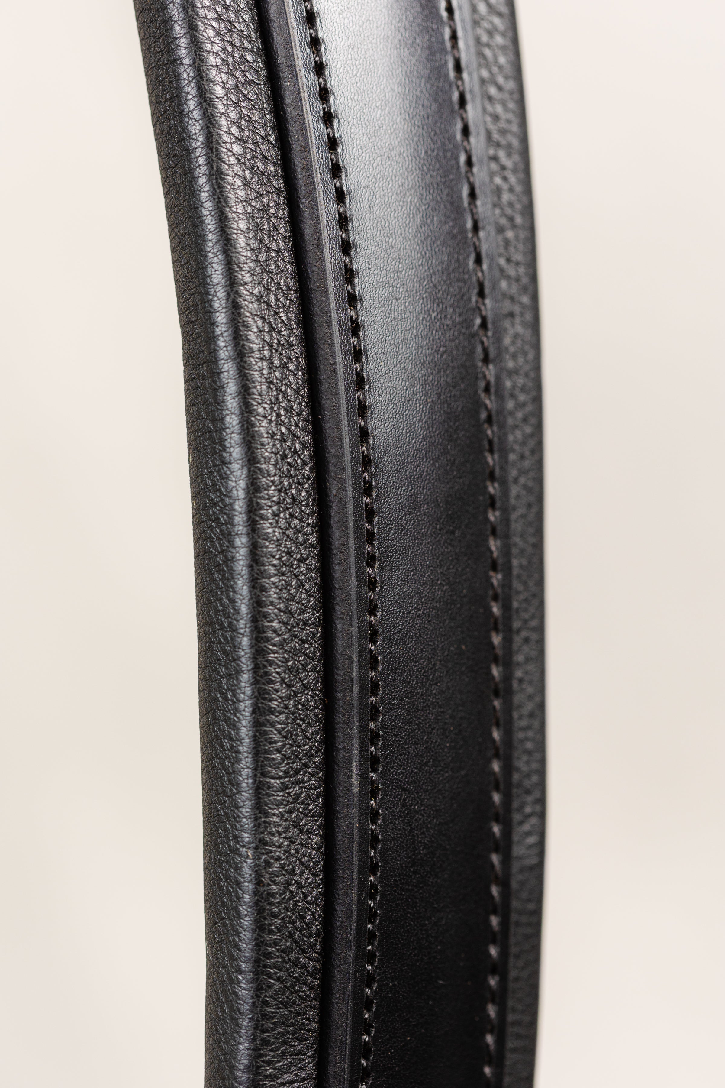 Close-up of Leather Grain Texture and Stitching Detail on Freedman Tail Set complete, Black Leather