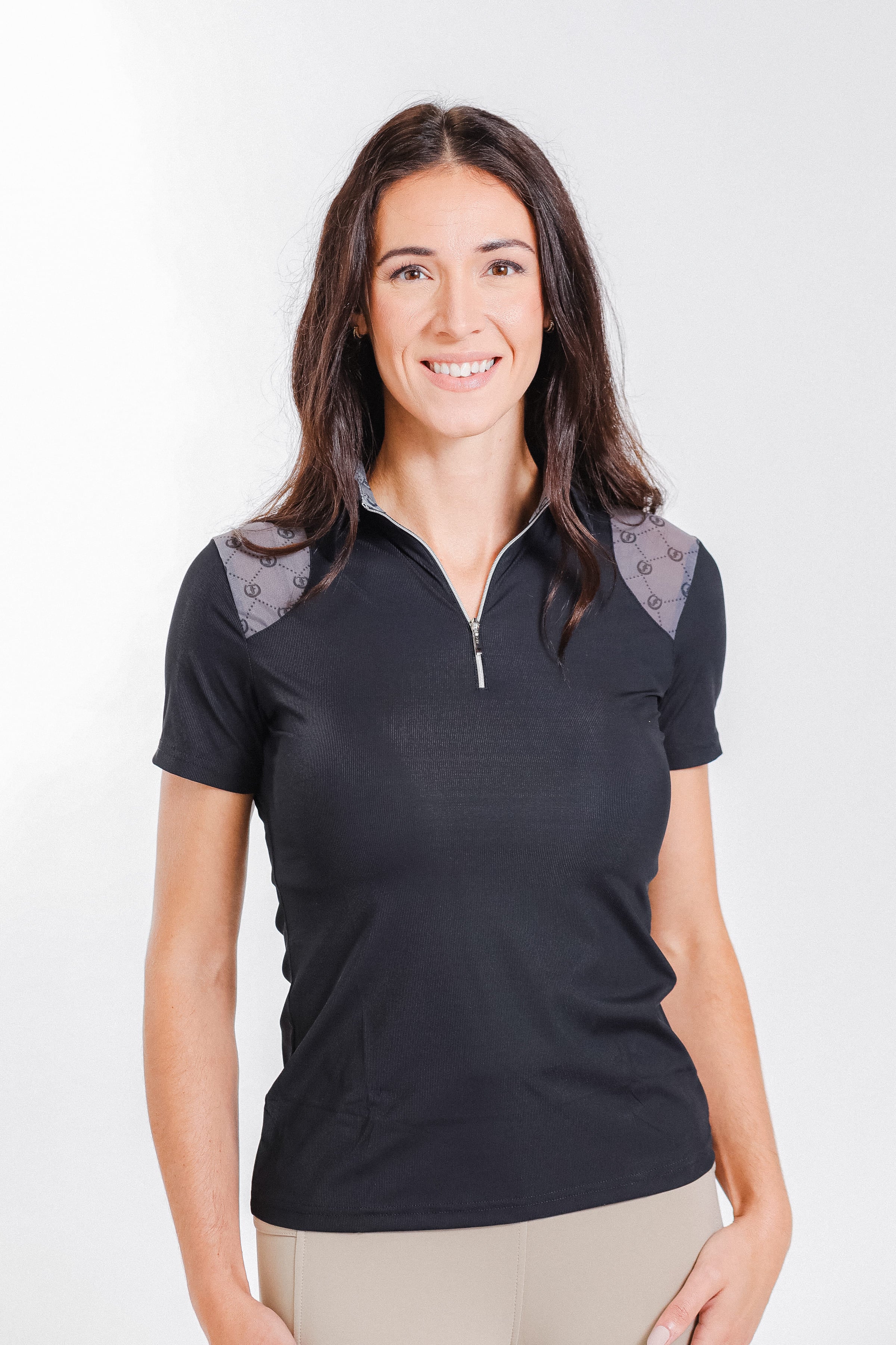 Freedman's Ladies' 1/4 Zip Polo, black with patterned shoulder details.