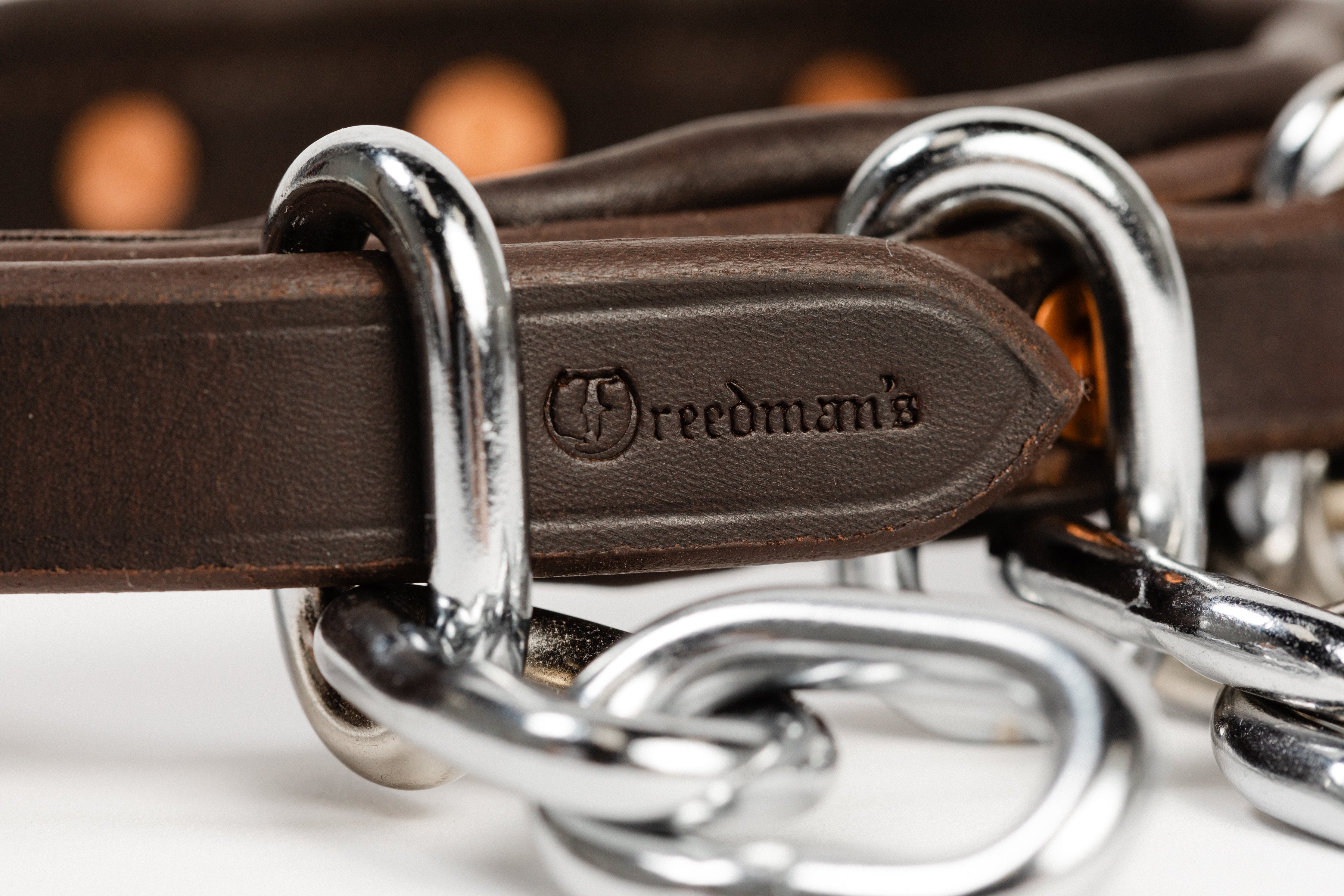 Close-up of ACTraining ankle action chain straps showing leather, buckles, and hanging chains. Image show Freedman's branding.