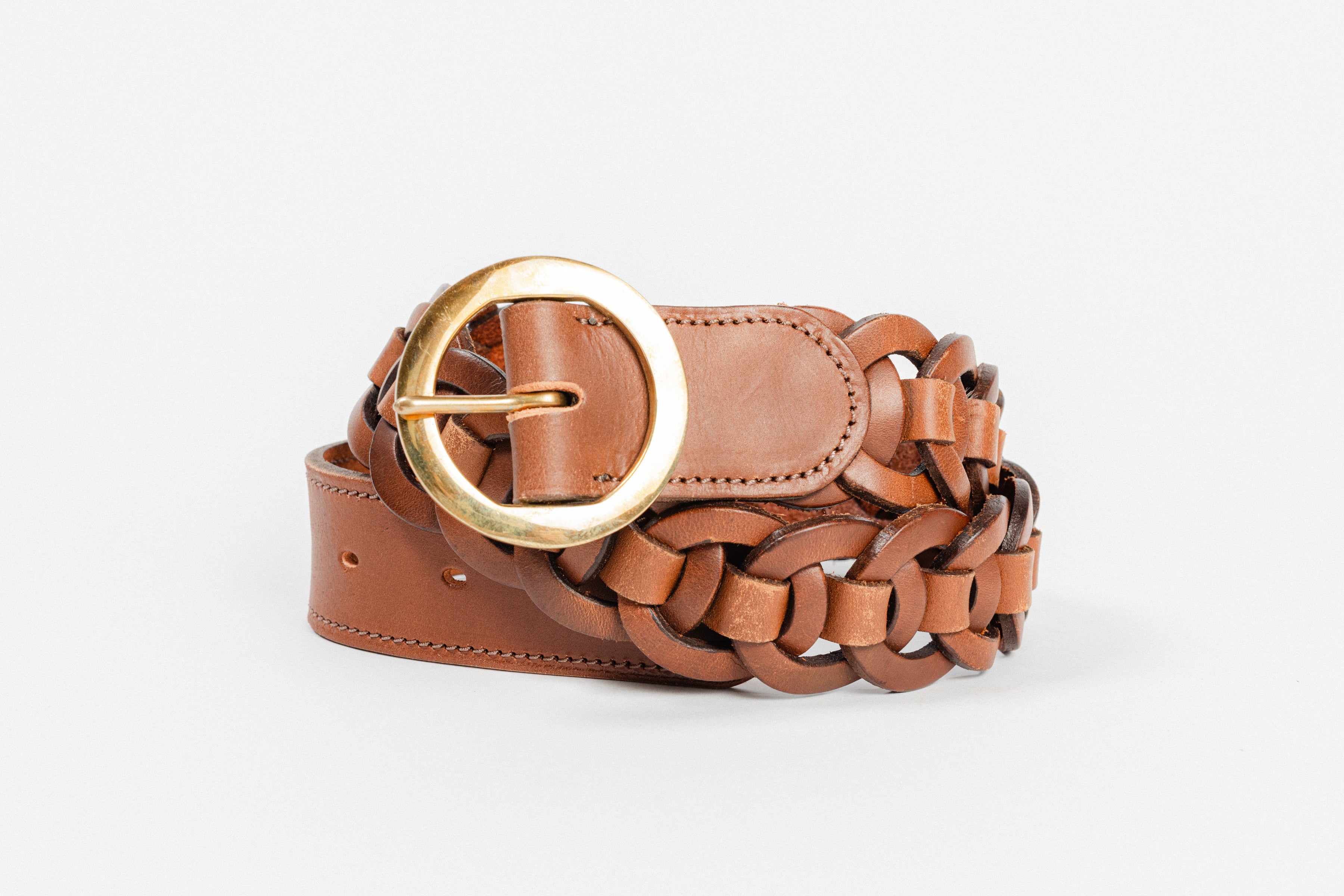 Brown leather Small Leather Ring Belt by Freedman's with braided detail and gold oval buckle, displayed on a light background.
