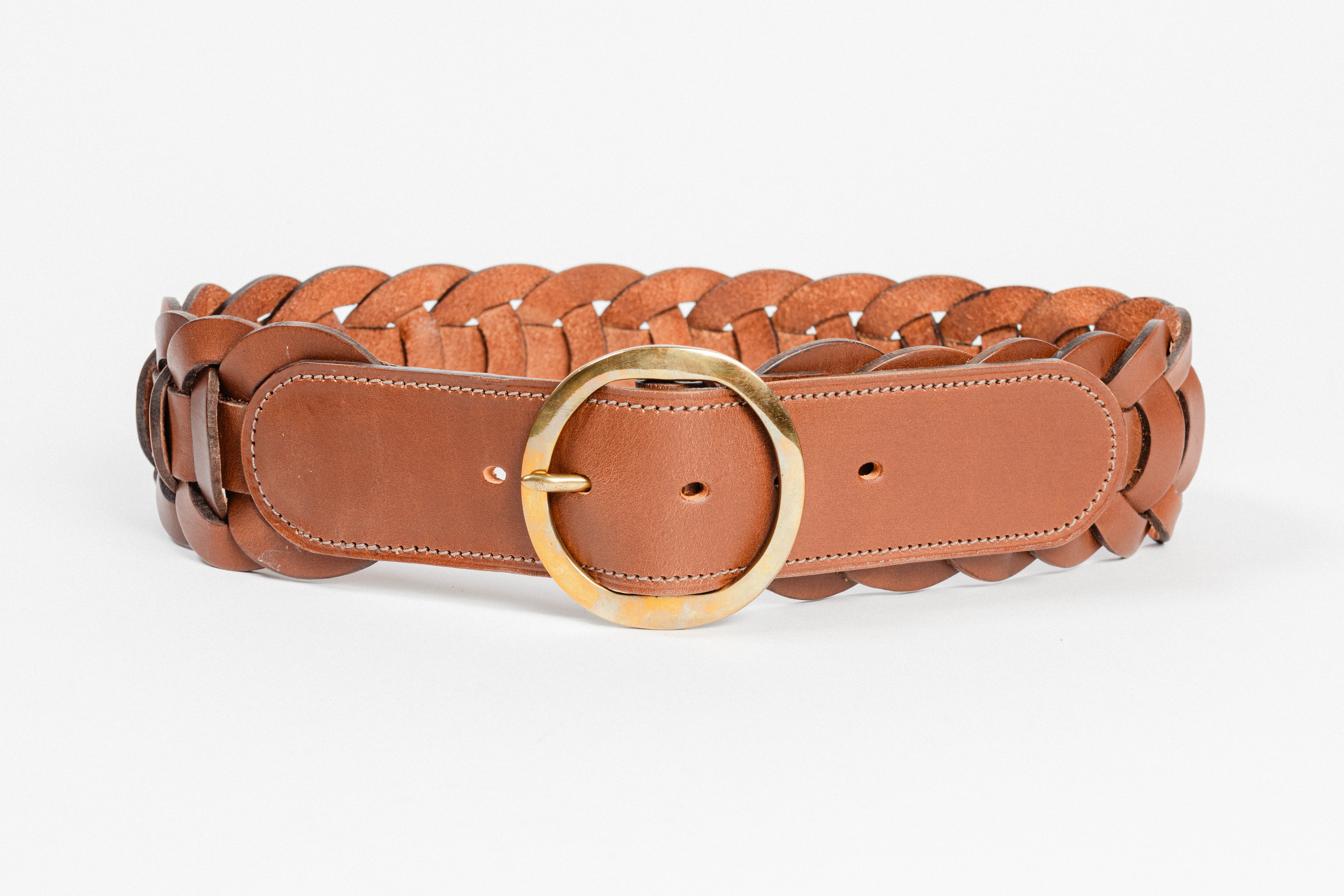 Brown leather Small Leather Ring Belt by Freedman's with braided detail and gold oval buckle, displayed on a light background.