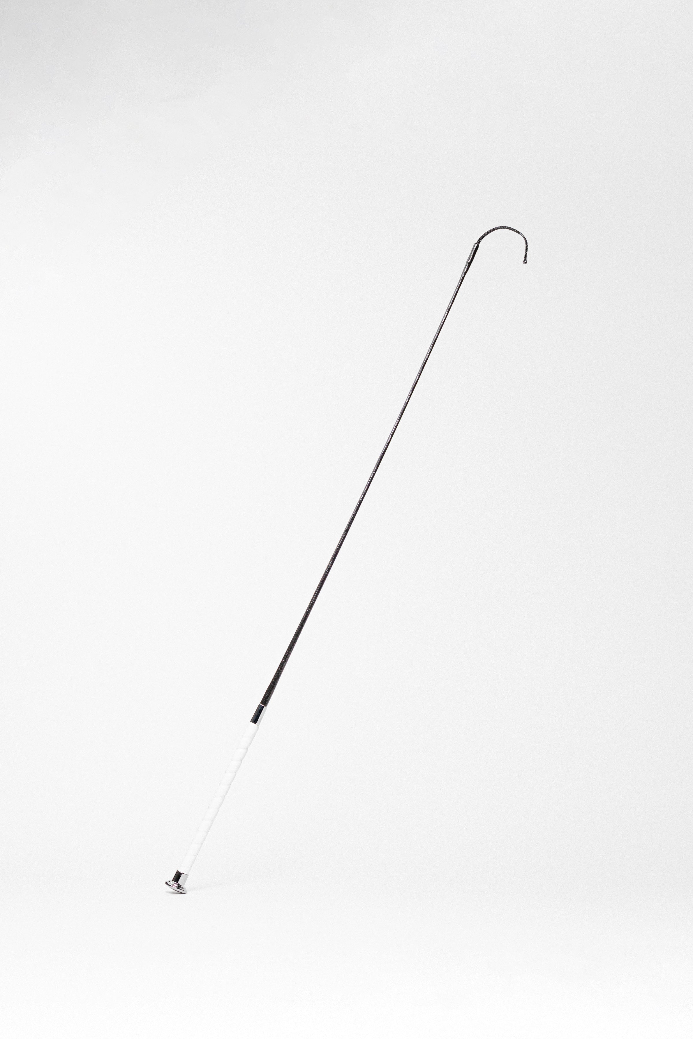 Full-length Show Crop with white leather wrap handle, silver cap, and curved tip.