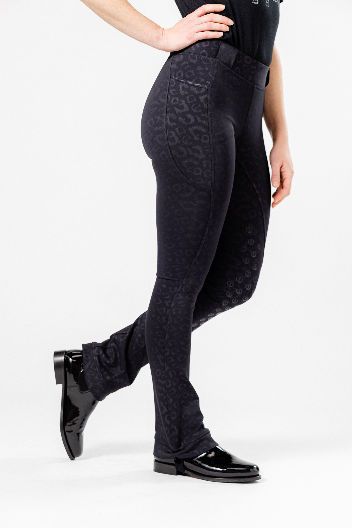 Stylish Tous les Jours Jods - Black Cheetah  by Freedman's – sleek, comfortable, and perfect for equestrian fashion.
