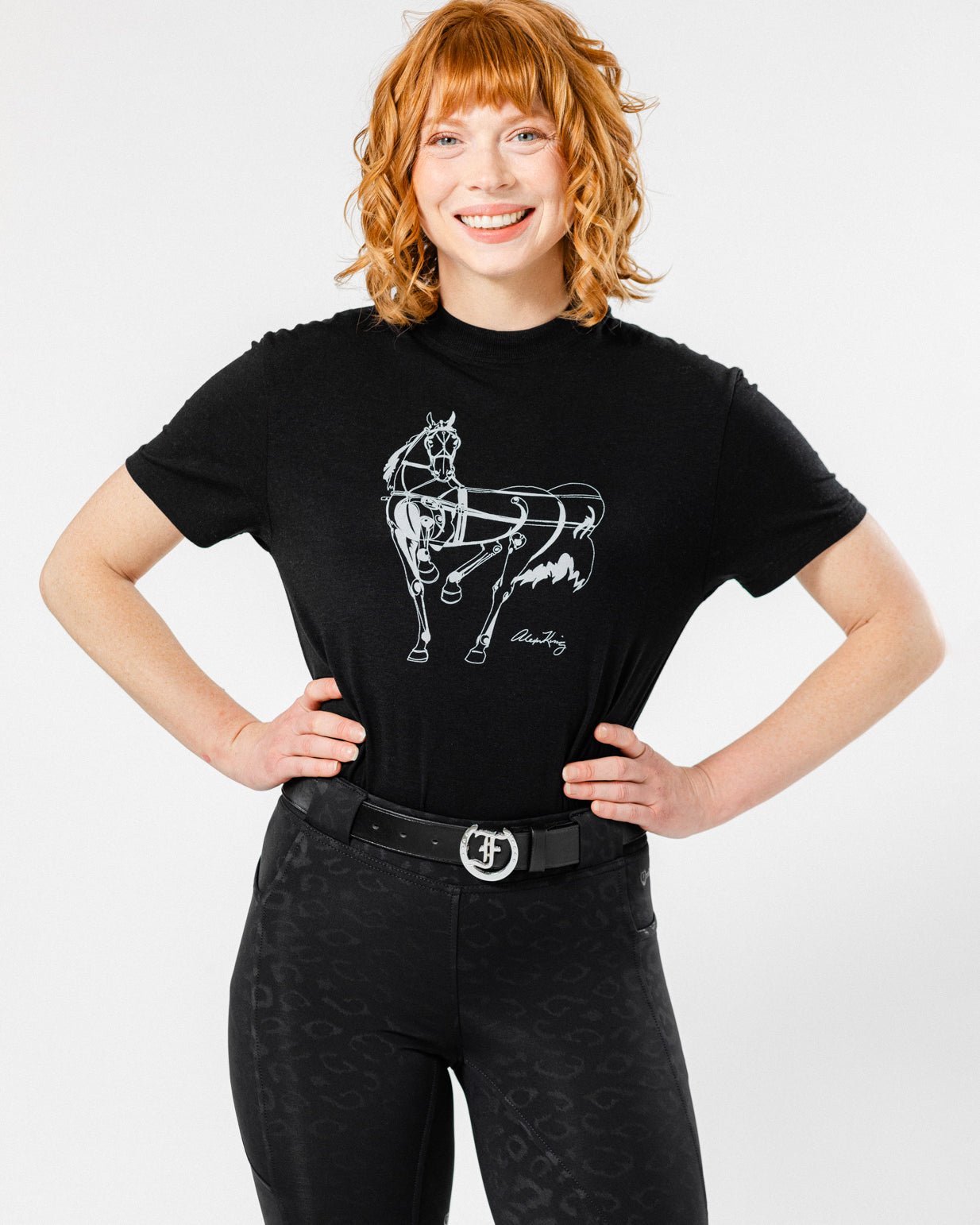 Alexa King tshirt with cheetah jods and Show Horses chrome logo black belt