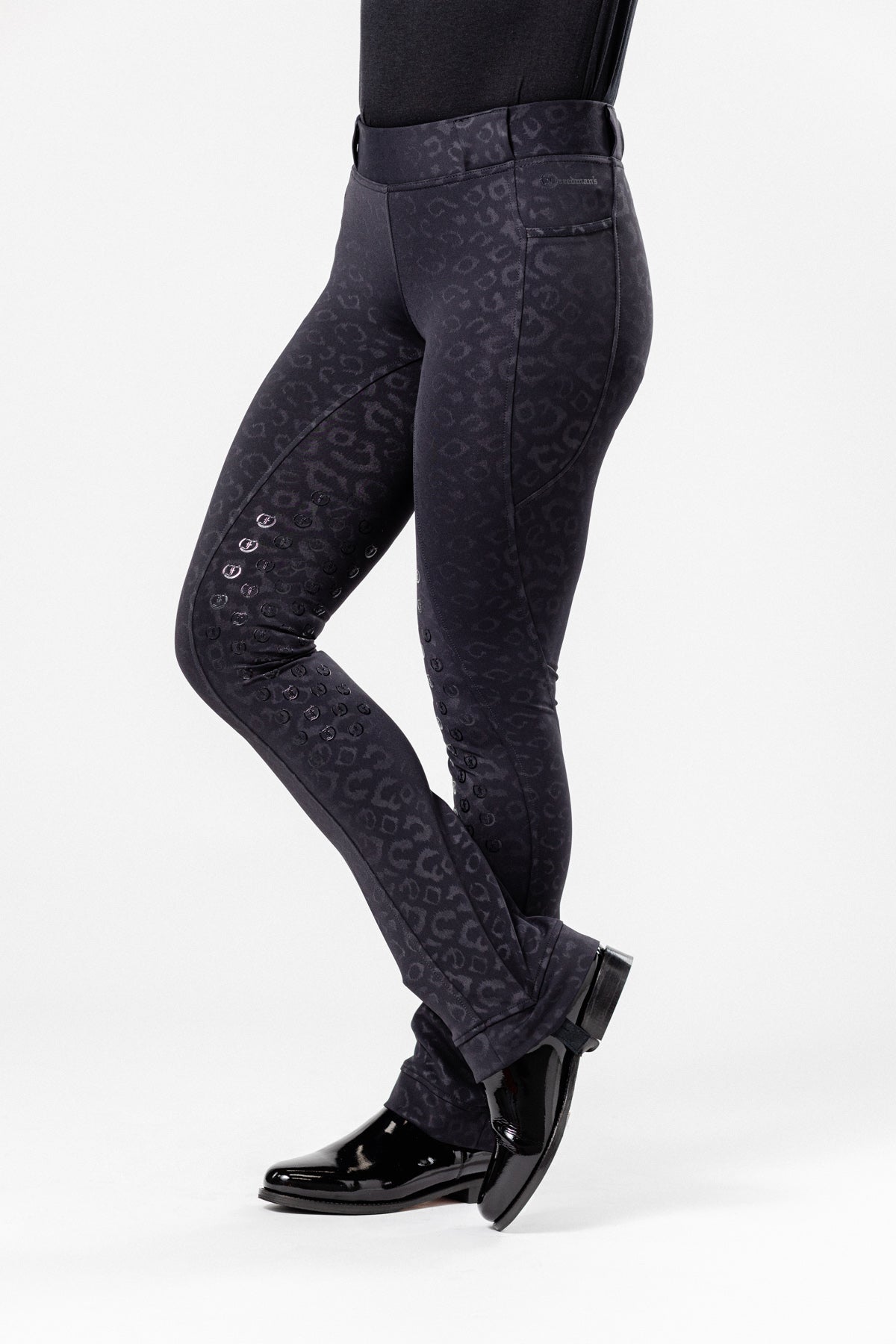 Stylish Tous les Jours Jods - Black Cheetah  by Freedman's – sleek, comfortable, and perfect for equestrian fashion.