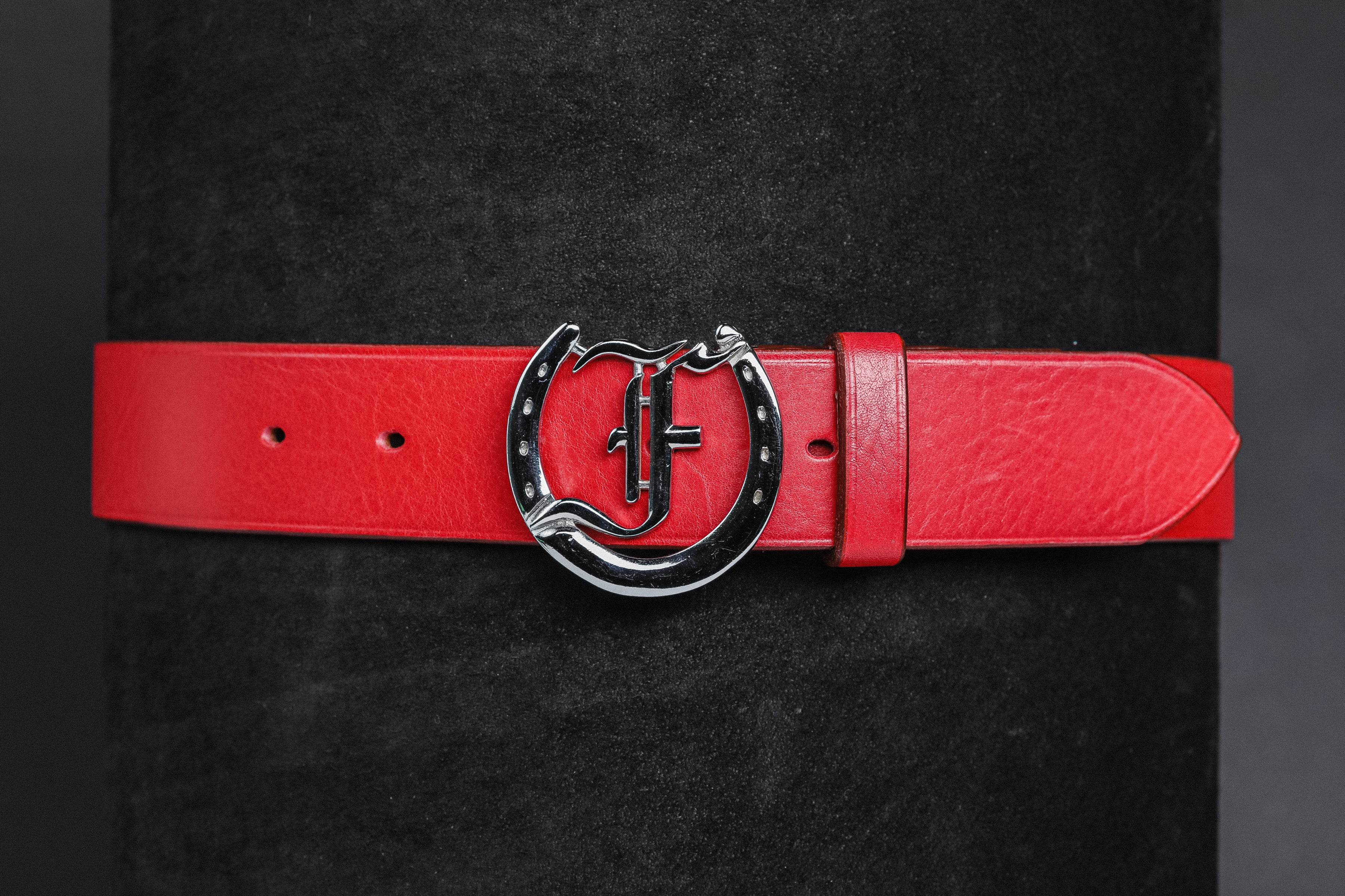 Freedman's Signature Logo Belt: Pink Leather Belt with Silver Horseshoe Buckle and Embossed Brand Logo