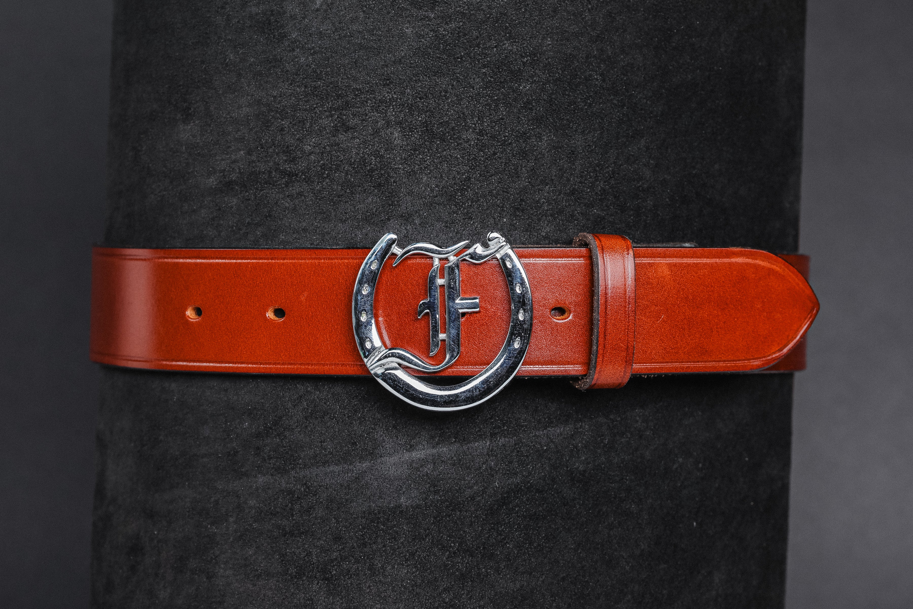 Freedman's Signature Logo Belt: brown Leather Belt with Silver Horseshoe Buckle and Embossed Brand Logo