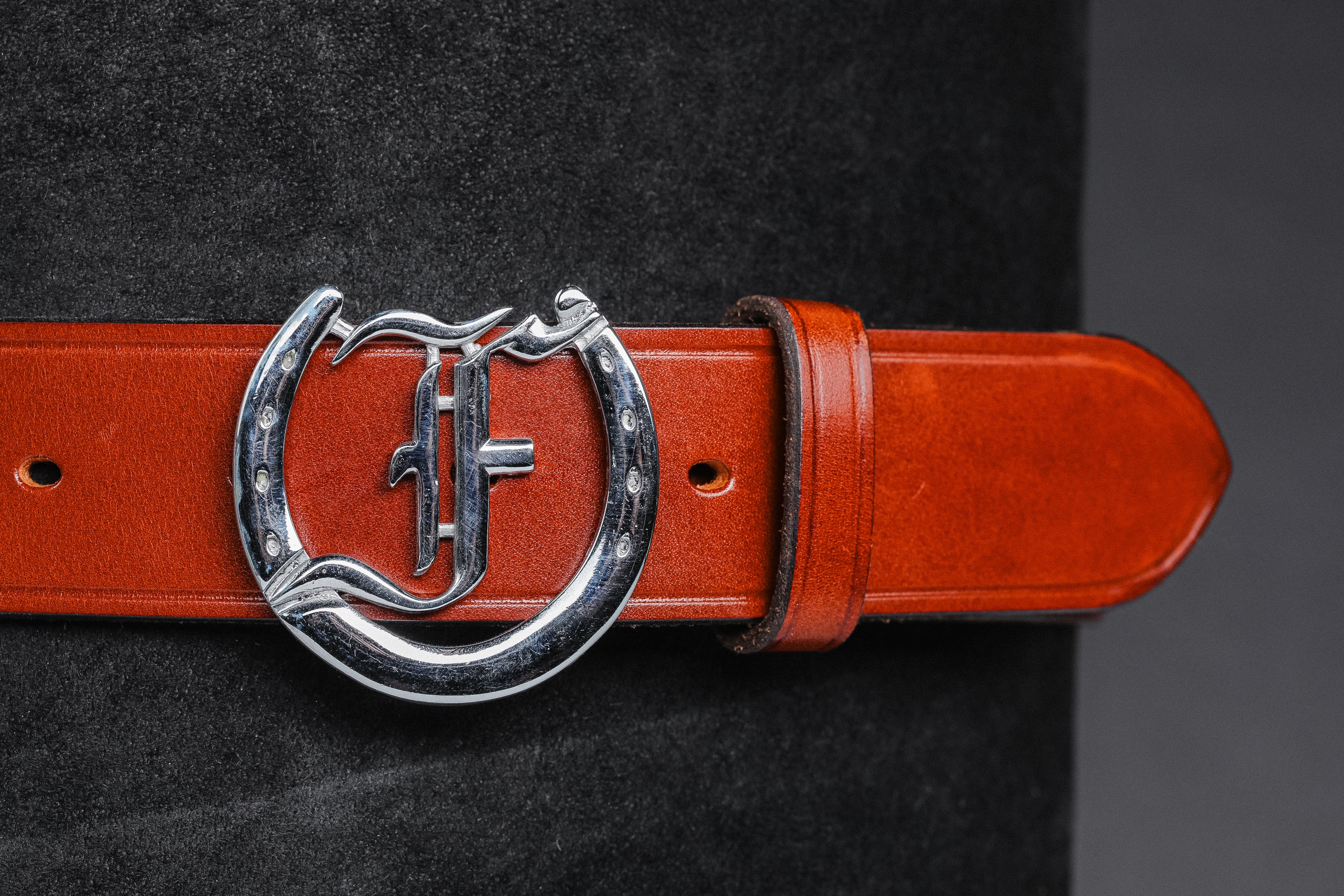 Freedman's Signature Logo Belt: brown Leather Belt with Silver Horseshoe Buckle and Embossed Brand Logo
