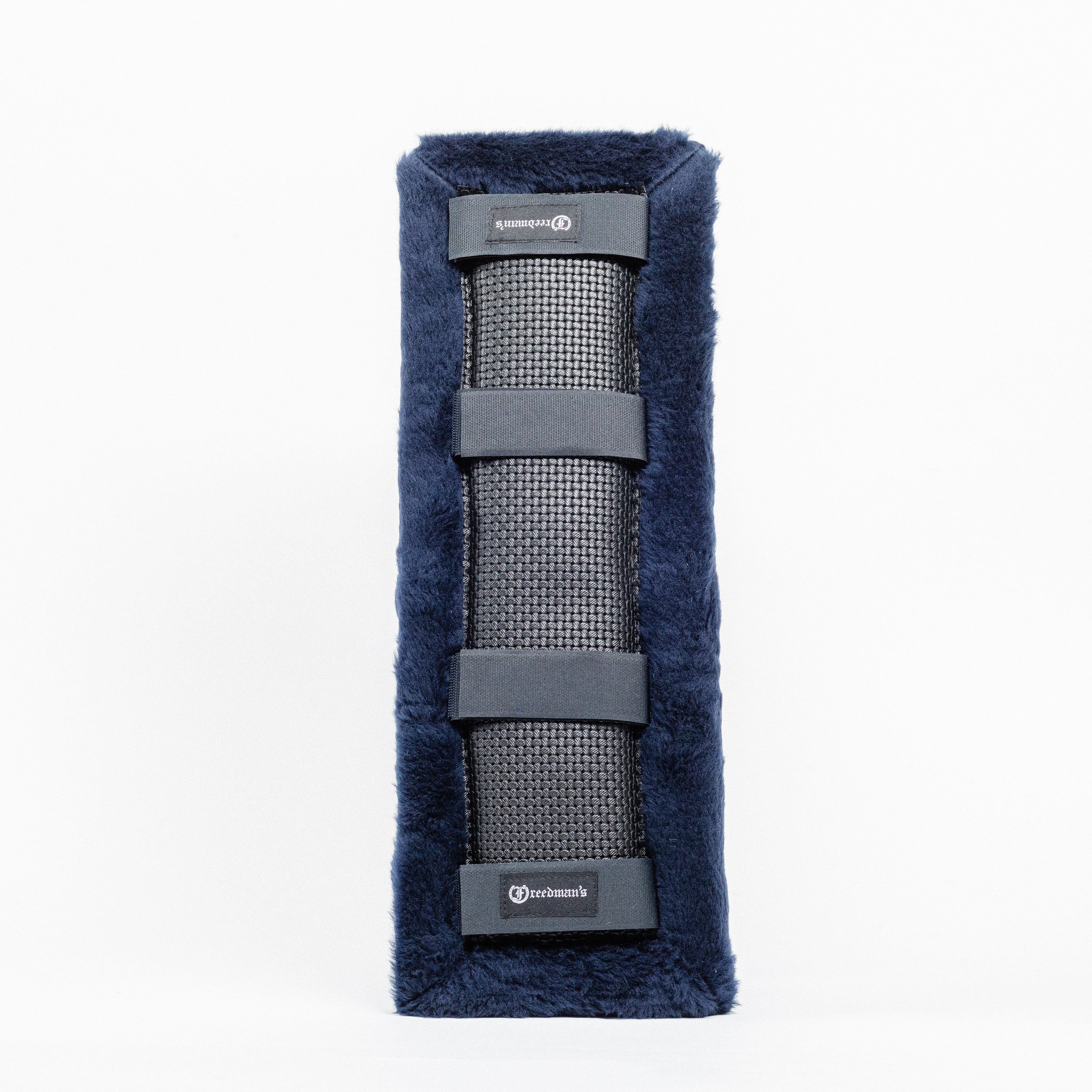 Black Fleece Back Pad by Freedman's, back-view of textured blue fabric"