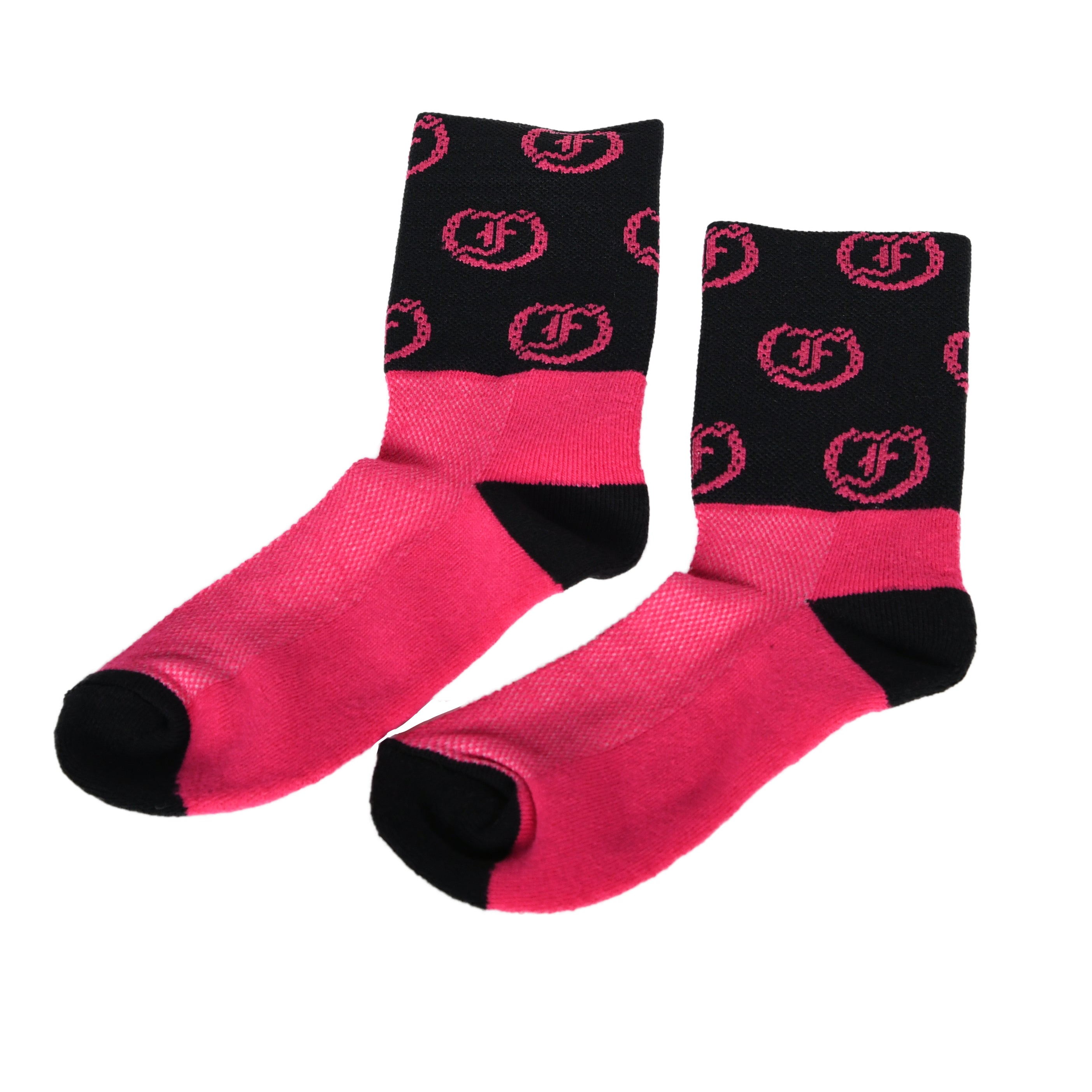 Two-tone kids' jodhpur socks, Tous les Jours brand, with Black and Pink sections and Freedman's logo pattern, laid flat.
