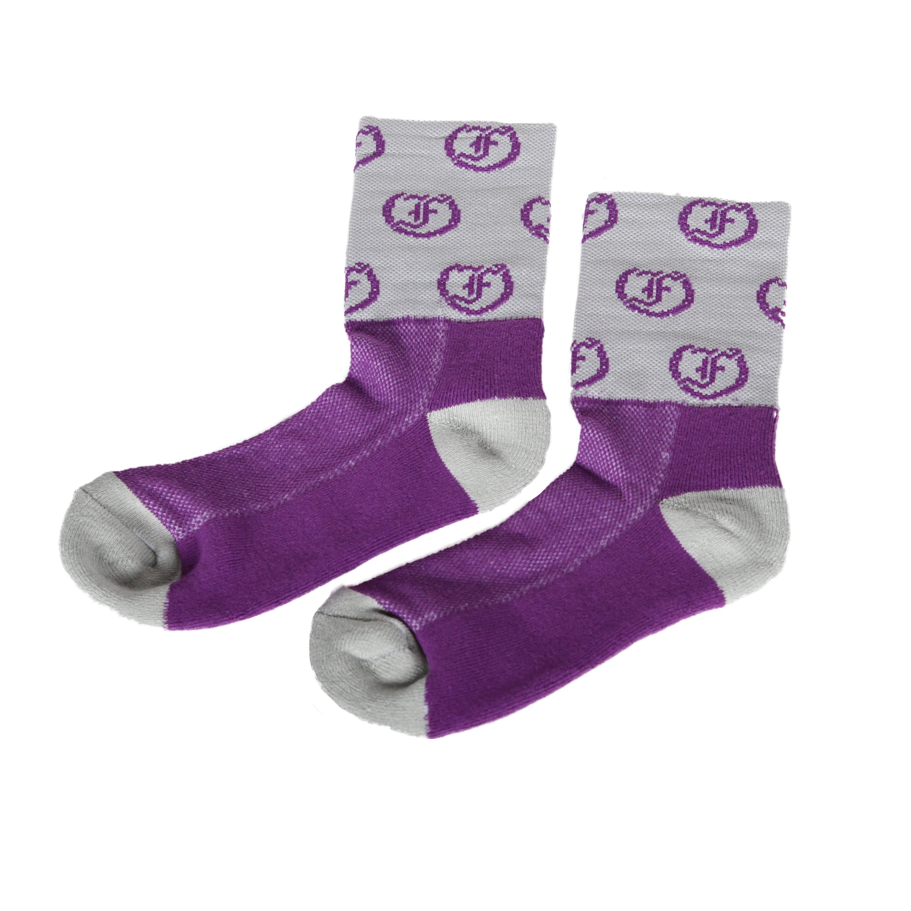 Two-tone kids' jodhpur socks, Tous les Jours brand, with gray and purple sections and Freedman's logo pattern, laid flat.