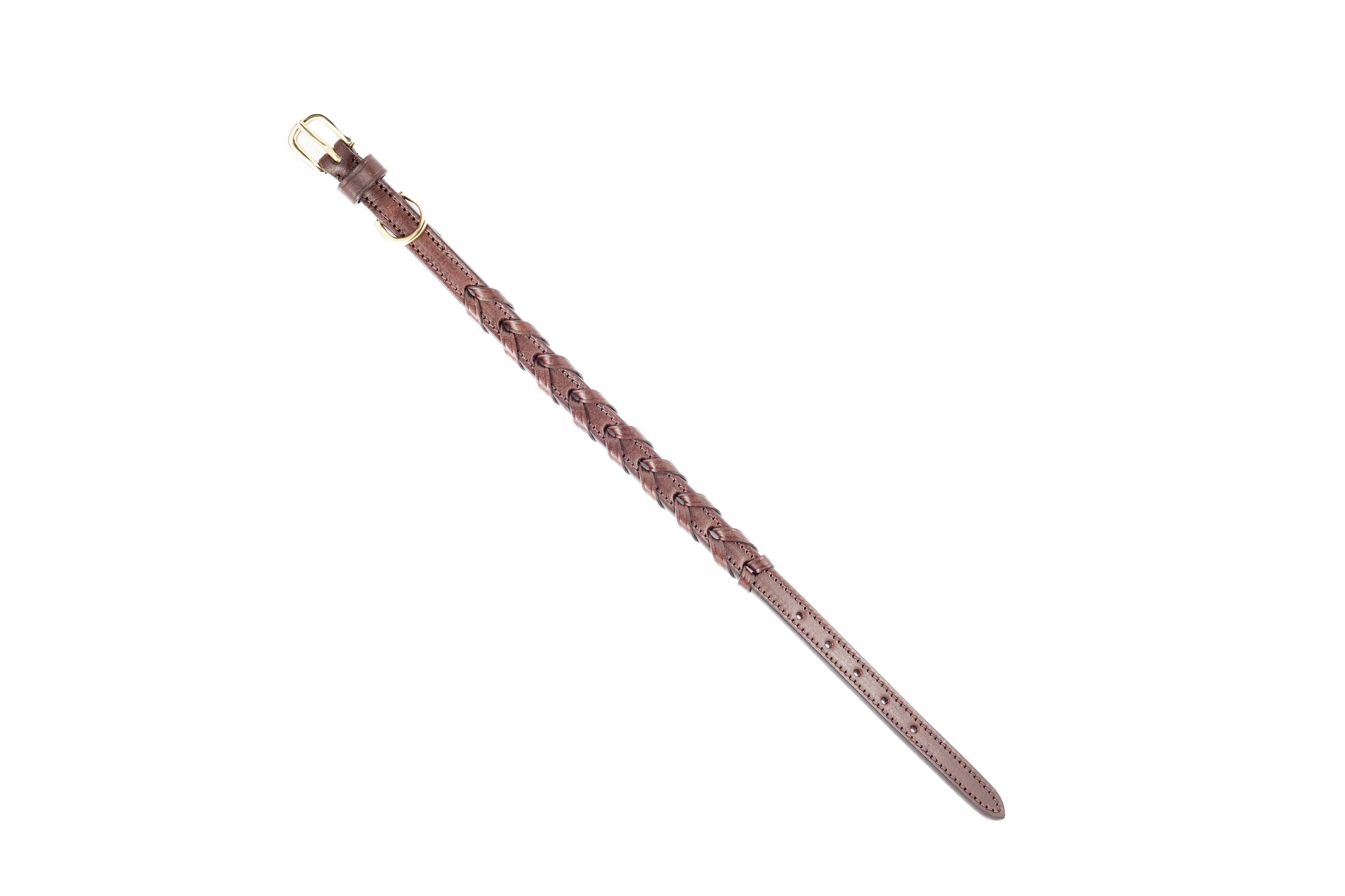 Freedman's Laced Dog Collar: Long View of Brown Leather Collar with Braided Weave, Gold Buckle, and Stitching Detail