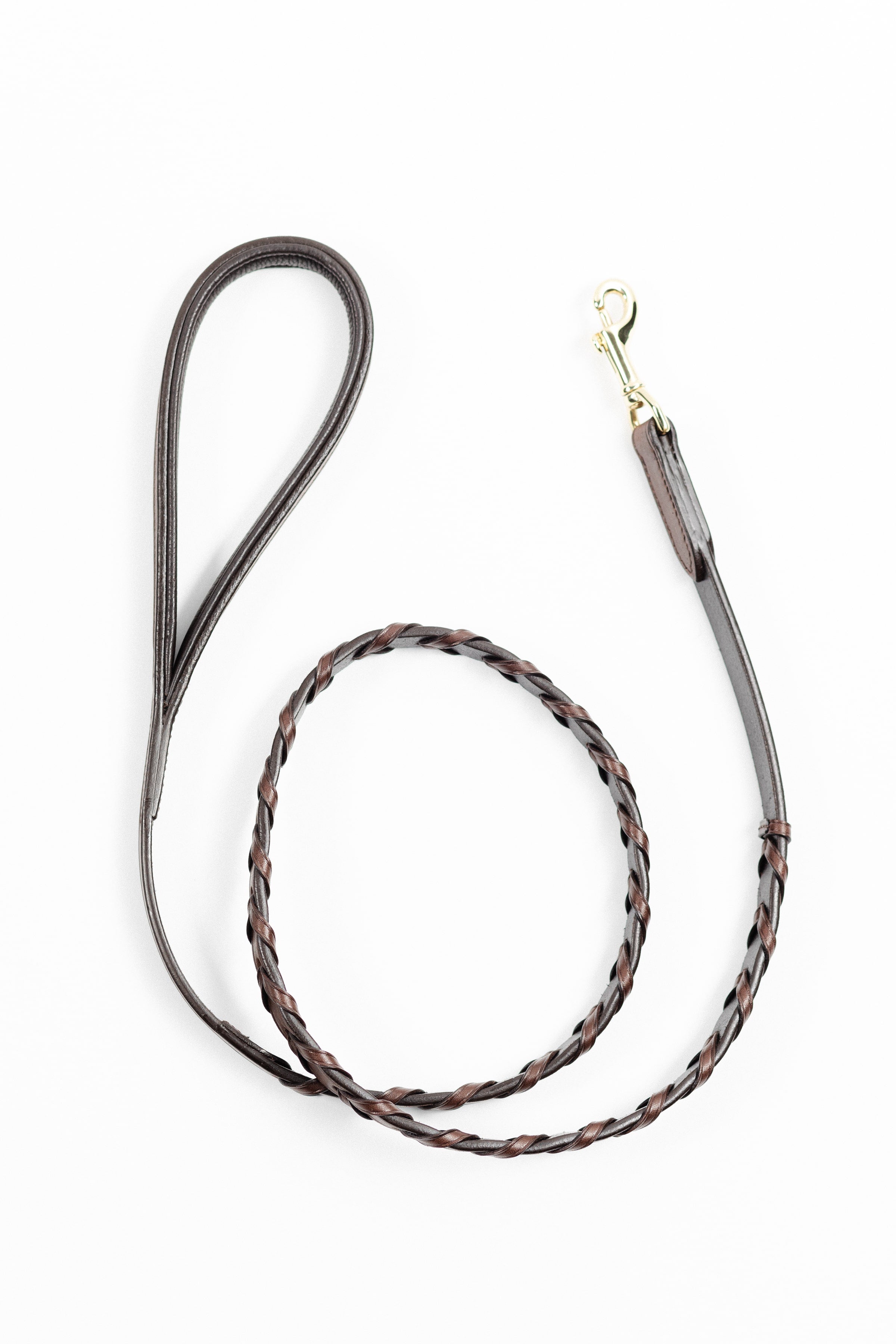 Laced Dog Leash: Brown Leather Leash with Braided Section, Loop Handle, and Gold Snap Hook