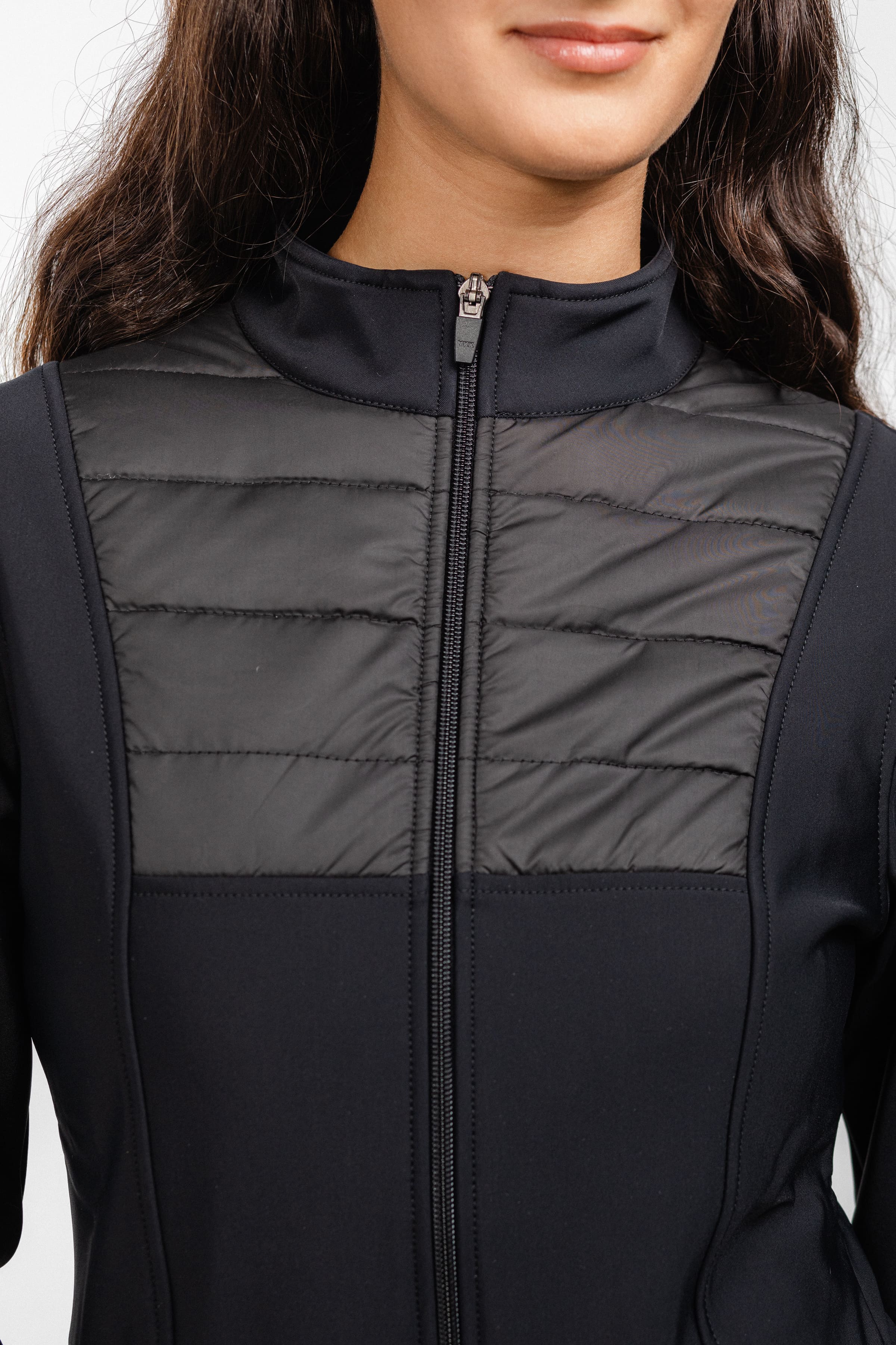 Close-up Front View of Freedman's Ladies Soft Shell Quilted Jacket: Highlighting Quilted Texture and Zipper Closure