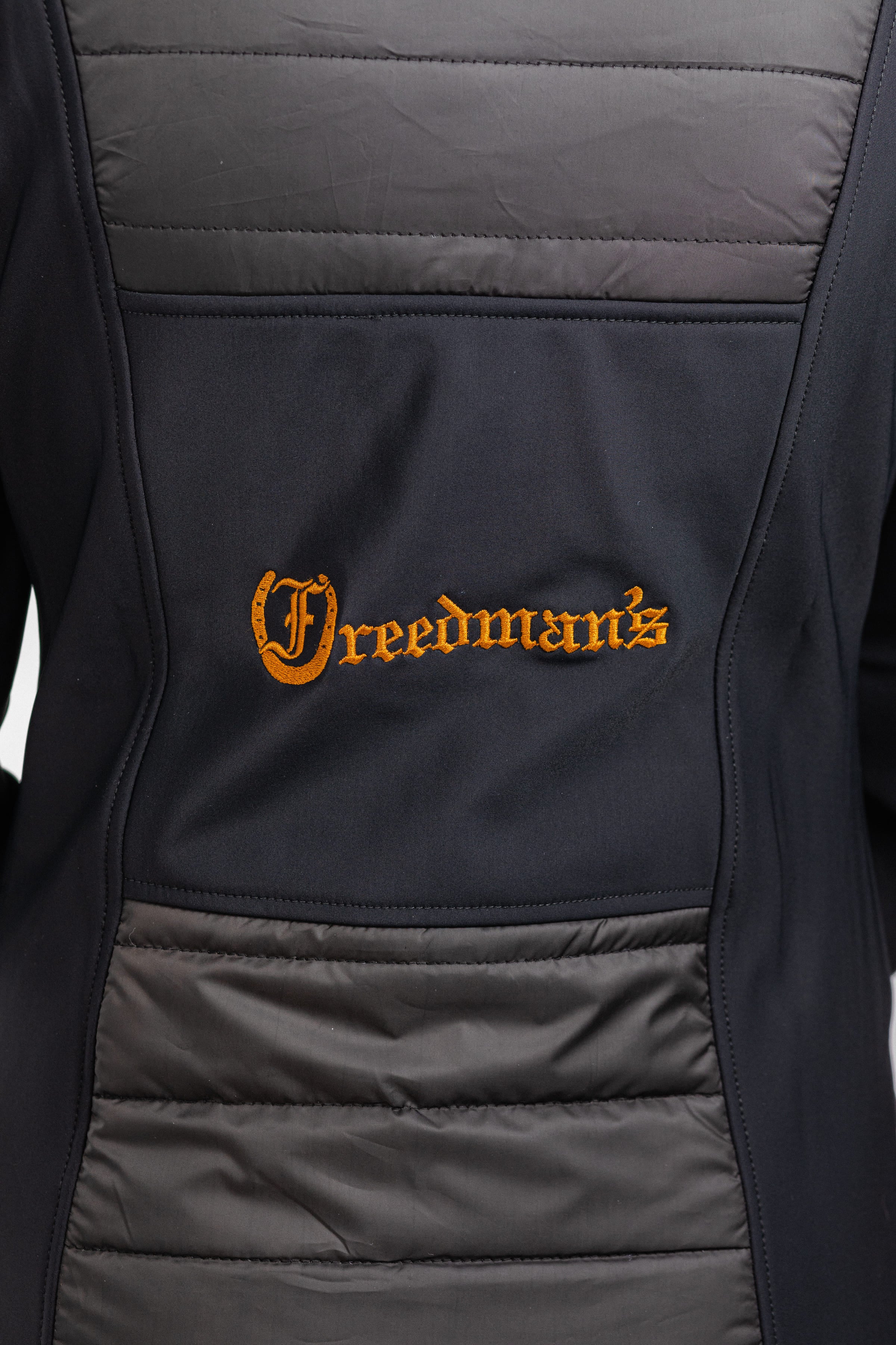 Freedman's Women's Ladies Soft Shell Quilted Jacket: Back View Showing Freedman's Embroidered Logo and Quilted Panels