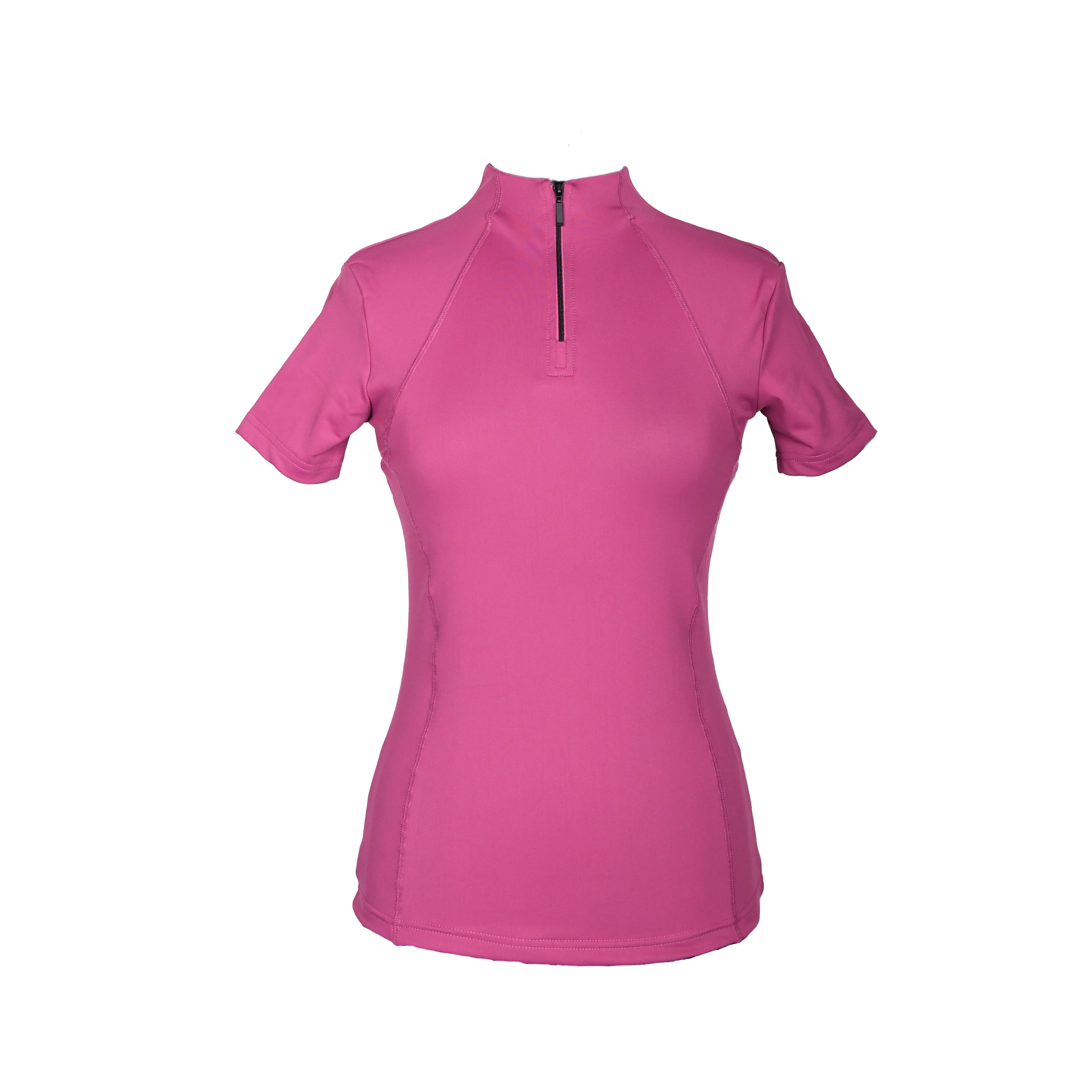 Freedman's Tess Ladies' 1/4 Zip Short Sleeve Top, bright pink, form-fitting, short sleeves, 1/4 zip with black zipper, white background.