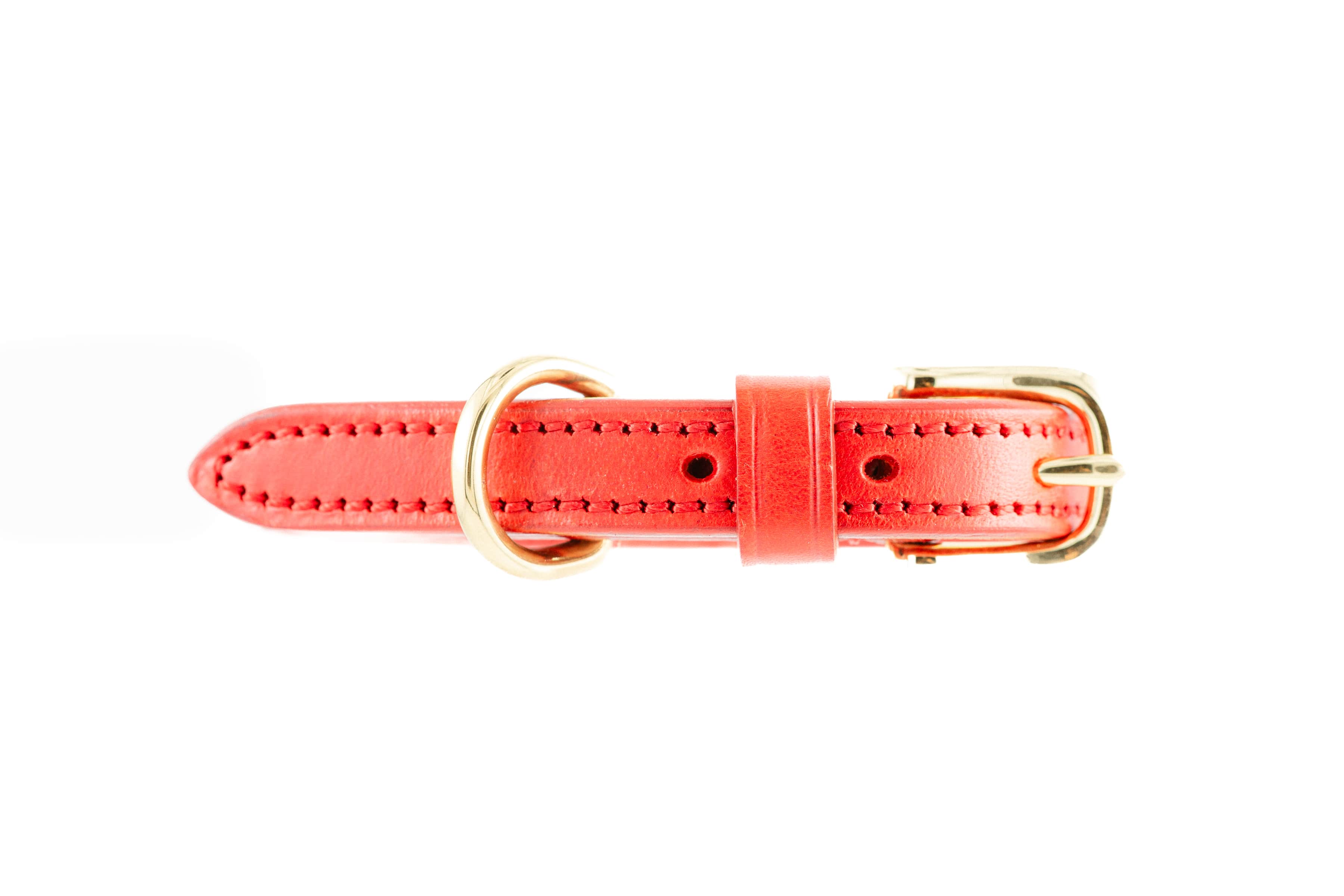 Here's an SEO-friendly alt text for the image, based on the provided information:
Stevie Red Rolled Nappa Leather Collar with gold hardware, shown on a white background.