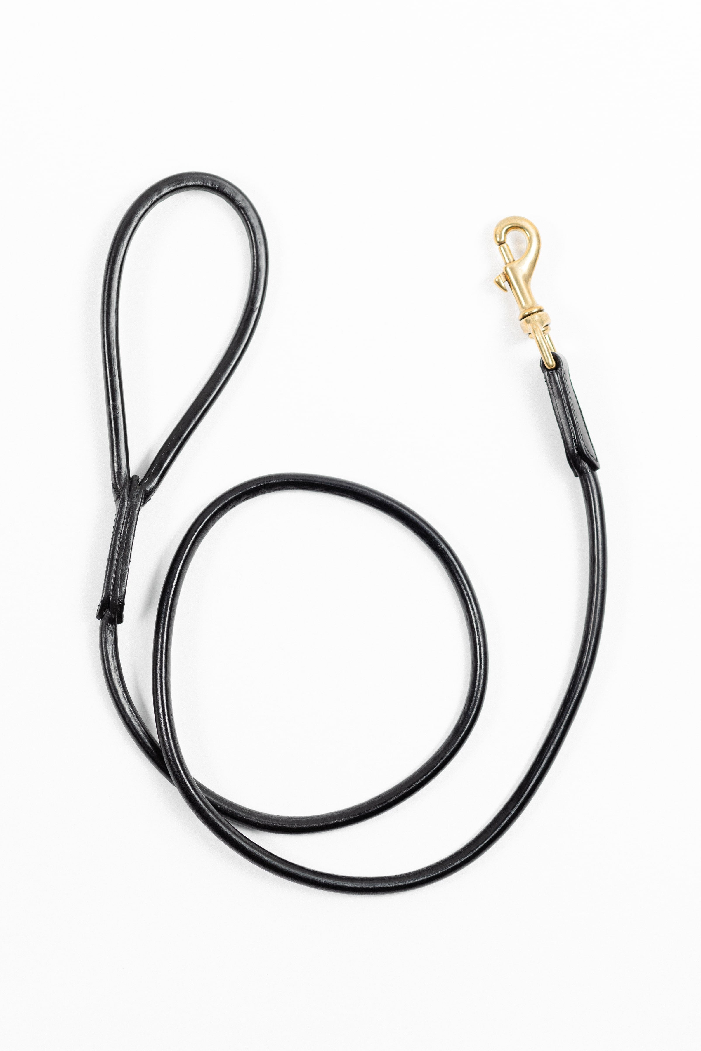 Black leather dog leash with a gold clasp, shown from above on a white background.
