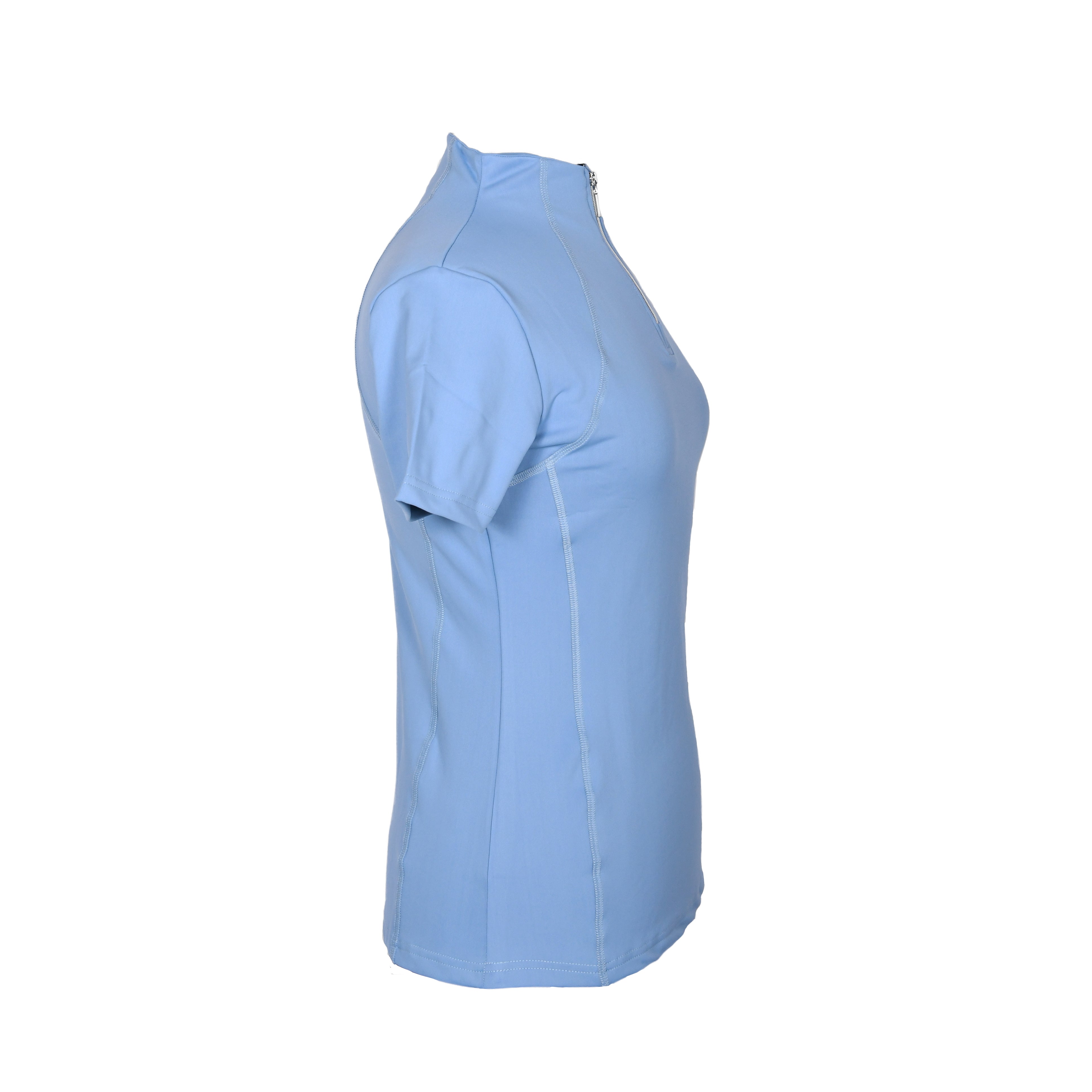 Freedman's Tess Ladies' 1/4 Zip Short Sleeve Top, light blue, side profile, form-fitting, short sleeves, 1/4 zip with light-colored zipper, white background.