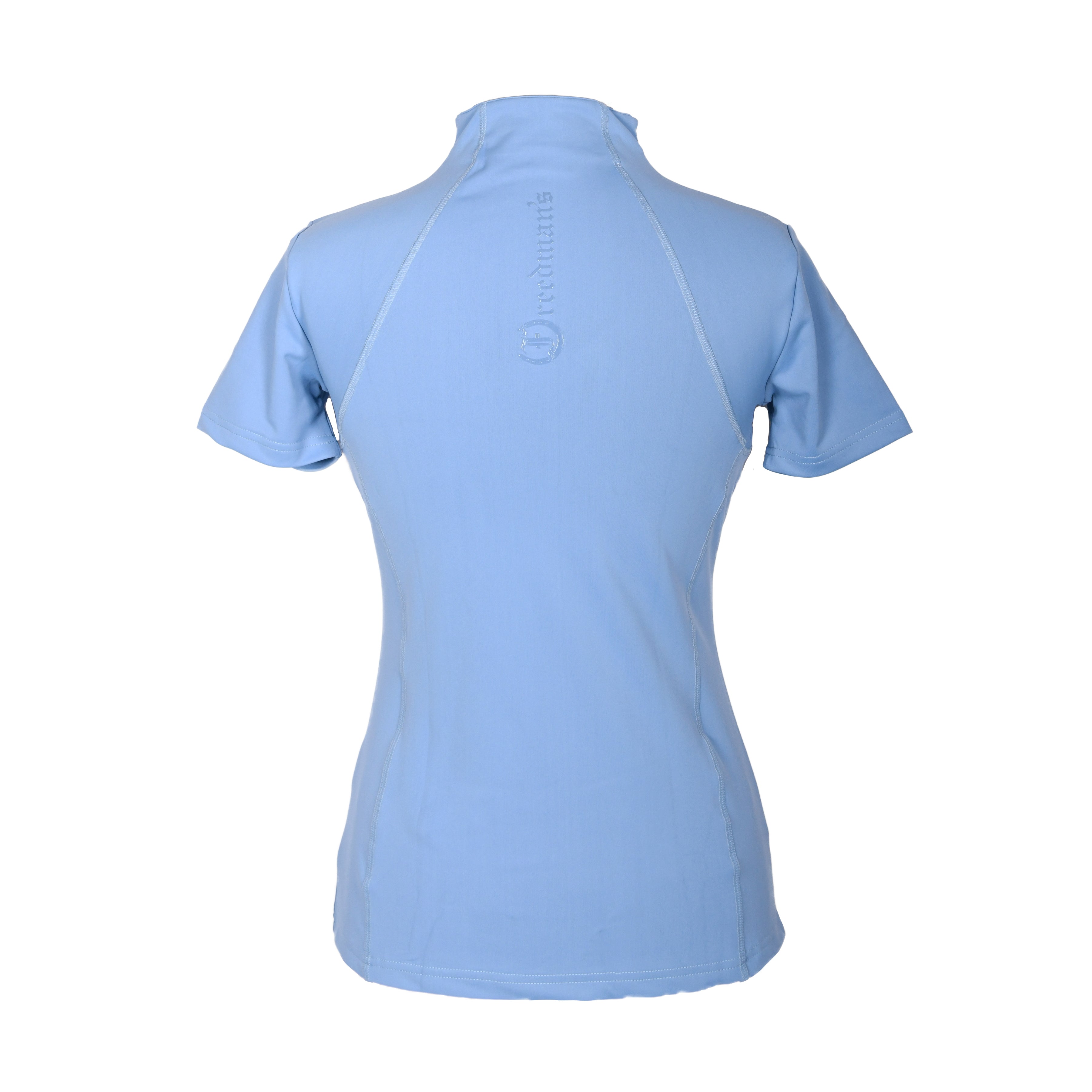 Freedman's Tess Ladies' 1/4 Zip Short Sleeve Top, light blue, back view, form-fitting, short sleeves, 1/4 zip with black zipper, small logo detail on back, white background.