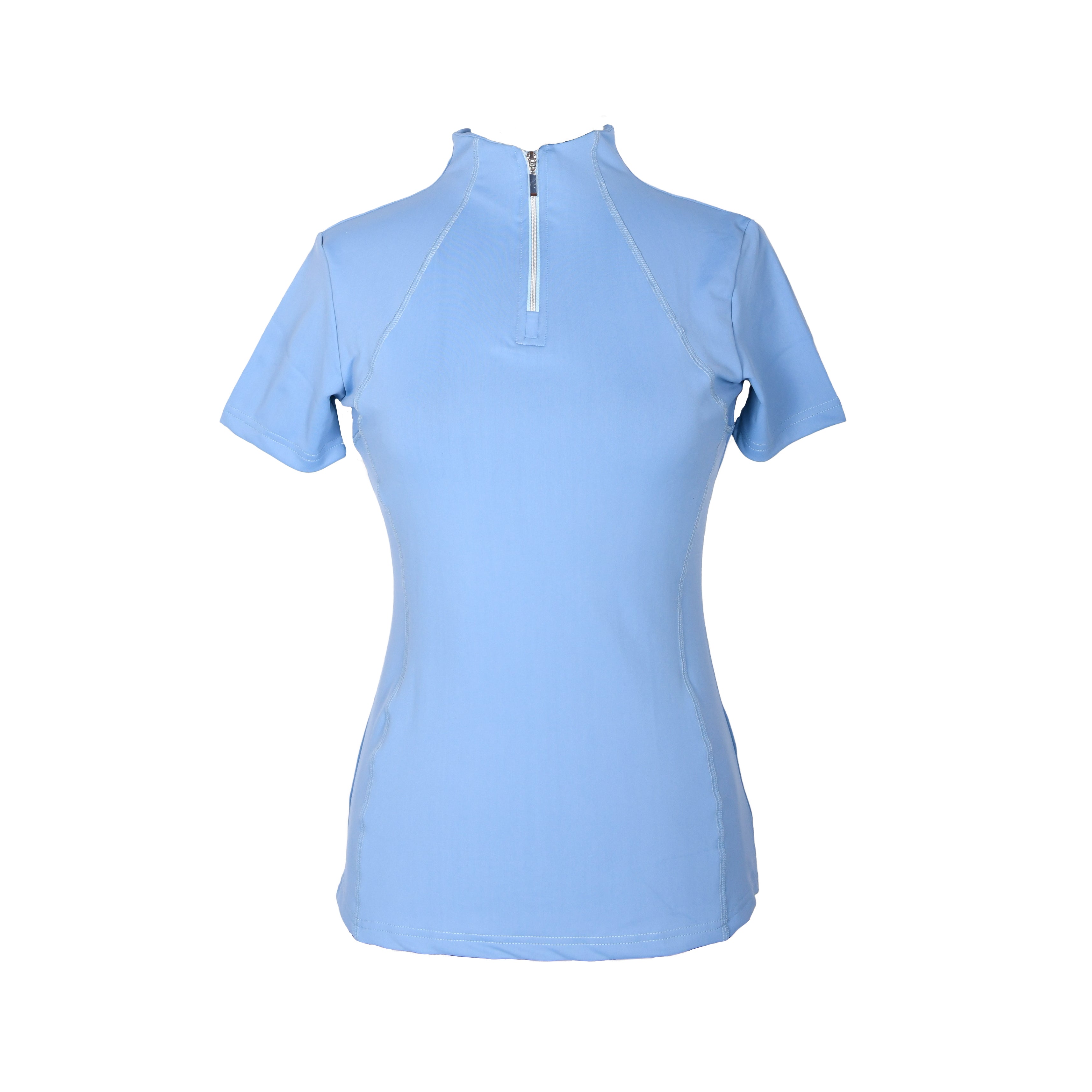 Freedman's Tess Ladies' 1/4 Zip Short Sleeve Top, light blue, form-fitting, short sleeves, 1/4 zip with light-colored zipper, white background.