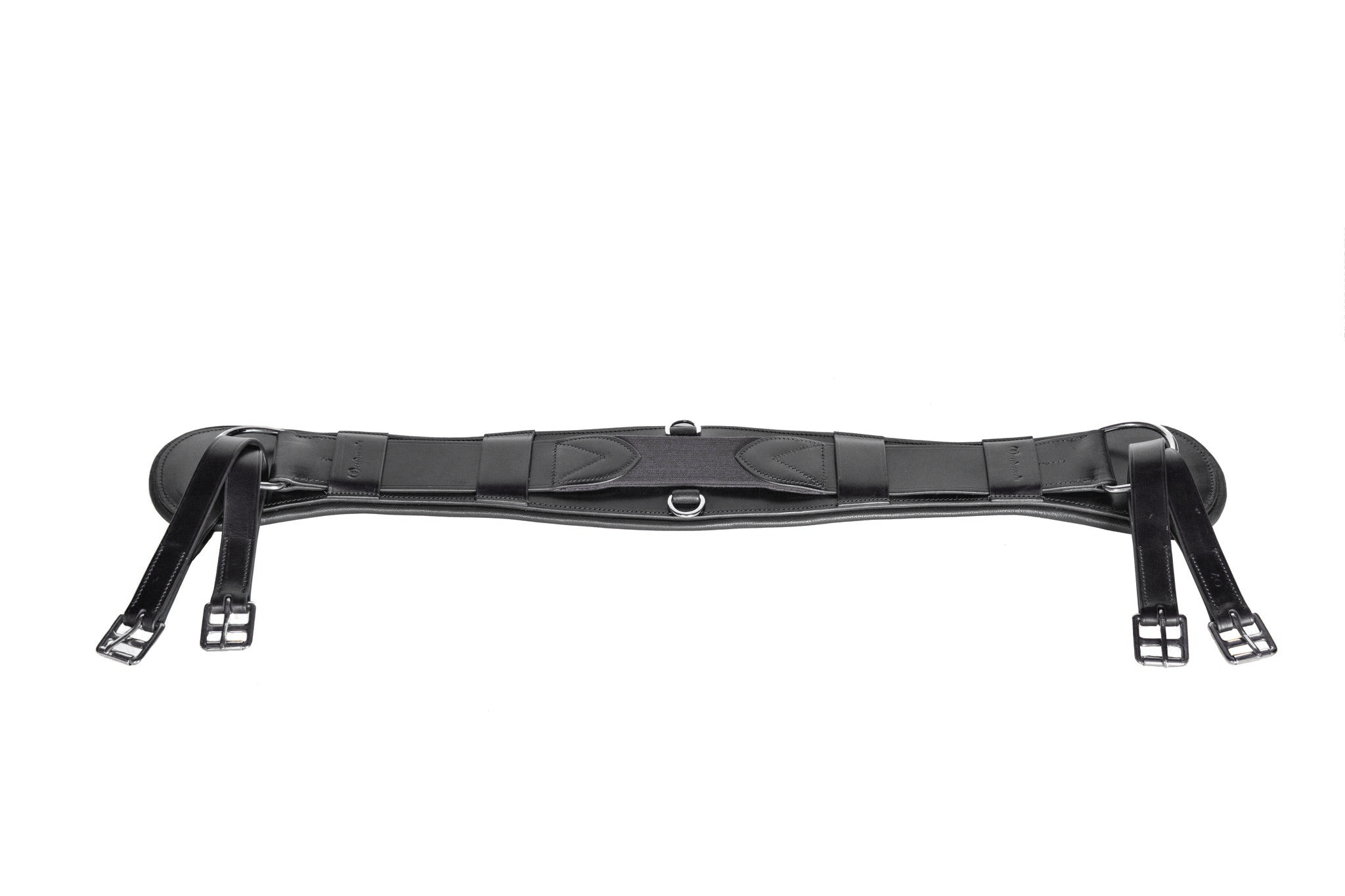 Freedman's Stabil-Flex Girth in black leather, full view, with adjustable straps and D-rings.