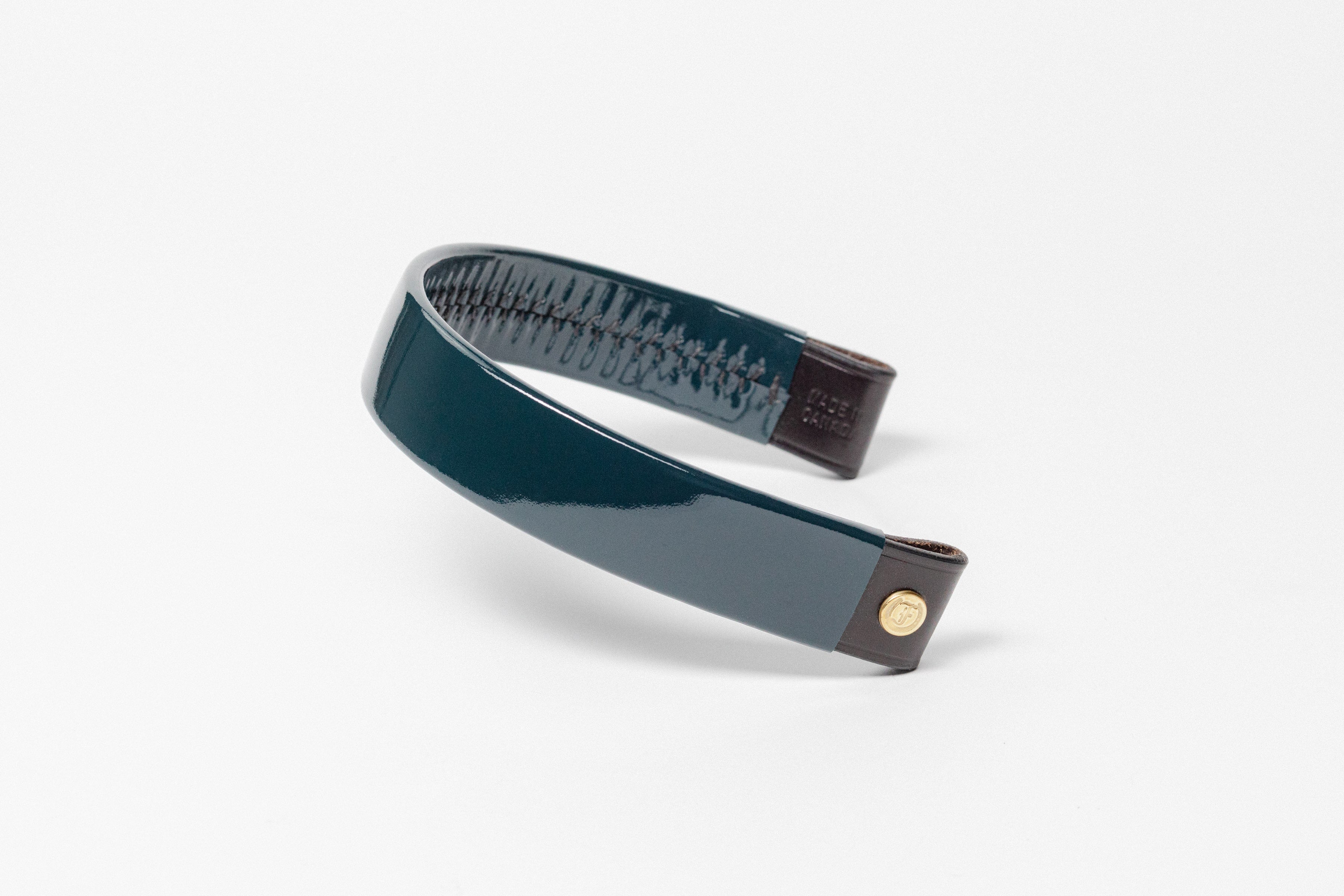 Freedman's Curved Browband, Navy Blue Patent Leather with Dark Leather Ends.