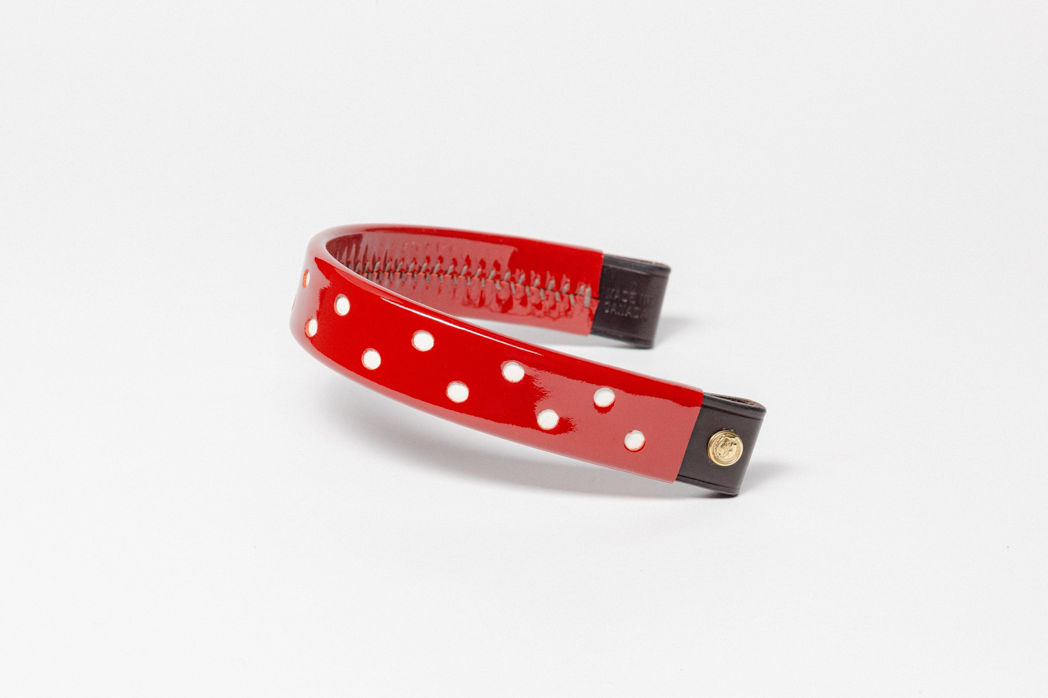 Freedman's Red Patent Leather Browband with large white dots and dark ends.